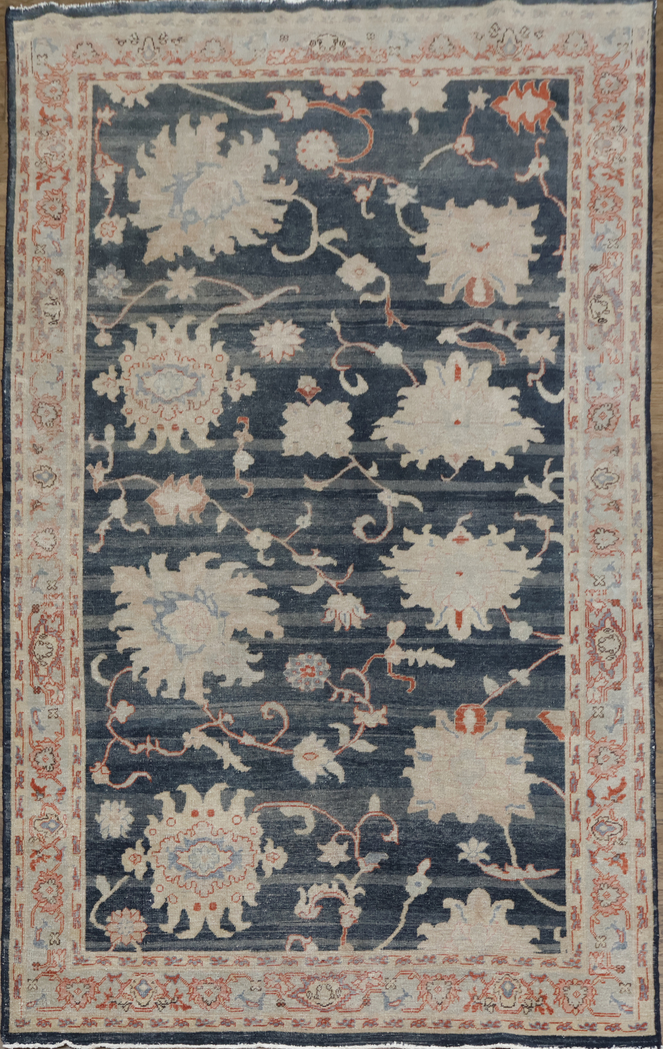 Vintage-Inspired Floral Navy Blue Oushak Turkish Rug with Delicate Border Accents 6x9