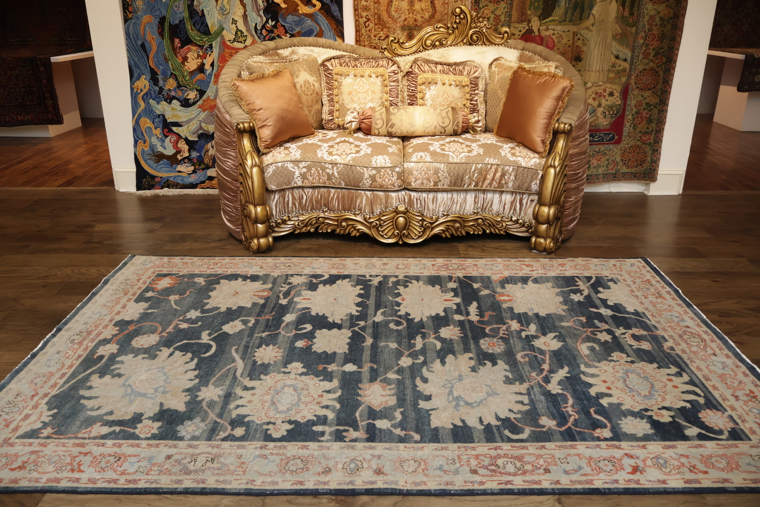 Vintage-Inspired Floral Navy Blue Oushak Turkish Rug with Delicate Border Accents 6x9