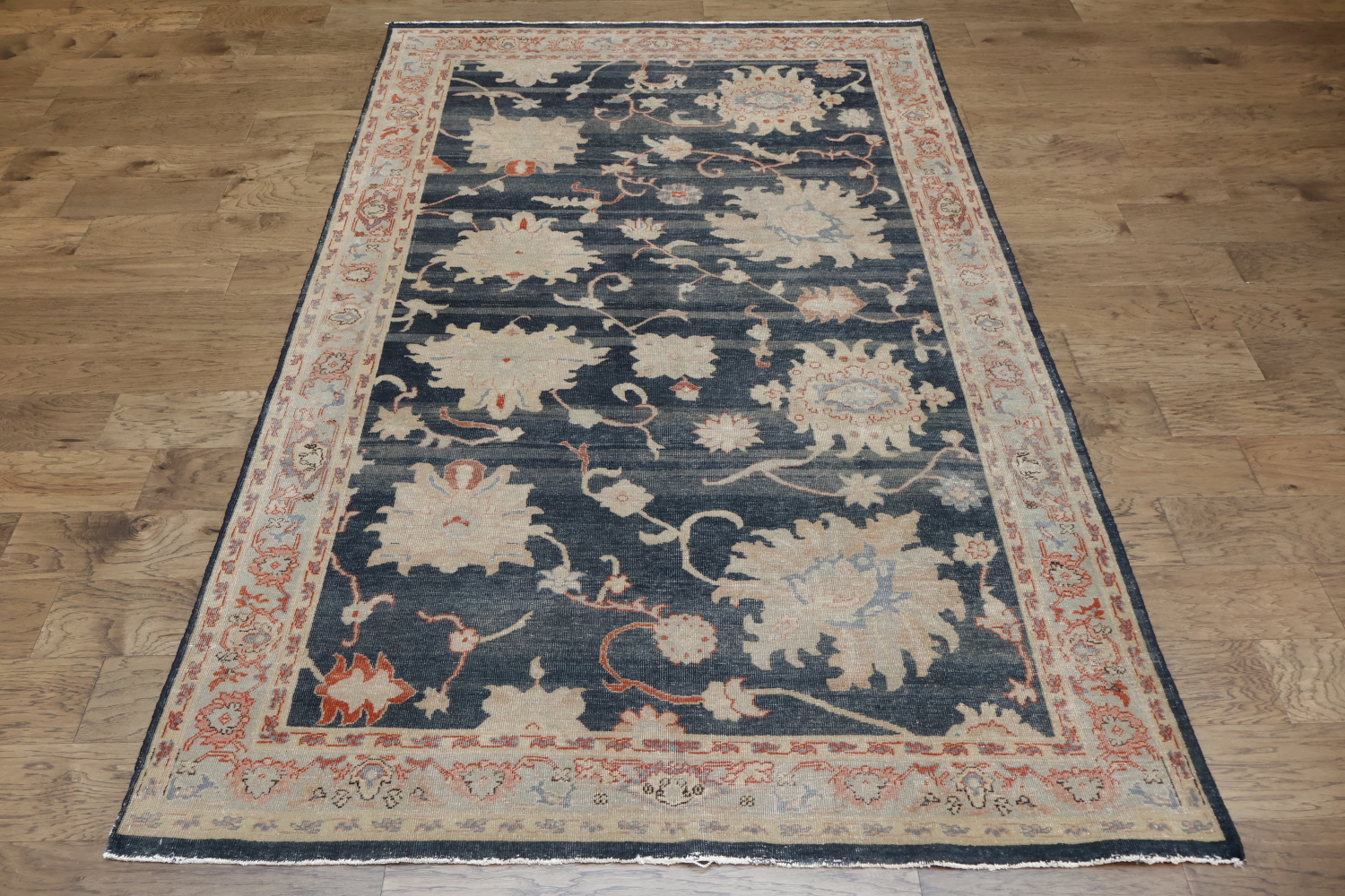 Vintage-Inspired Floral Navy Blue Oushak Turkish Rug with Delicate Border Accents 6x9