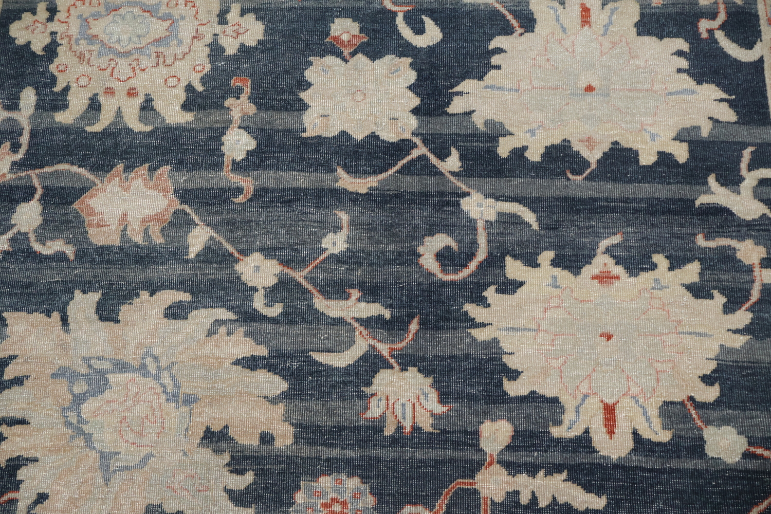 Vintage-Inspired Floral Navy Blue Oushak Turkish Rug with Delicate Border Accents 6x9
