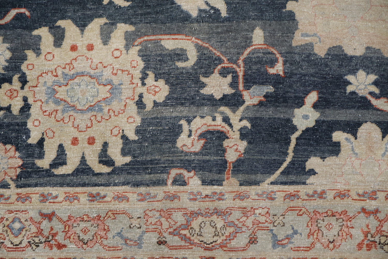 Vintage-Inspired Floral Navy Blue Oushak Turkish Rug with Delicate Border Accents 6x9