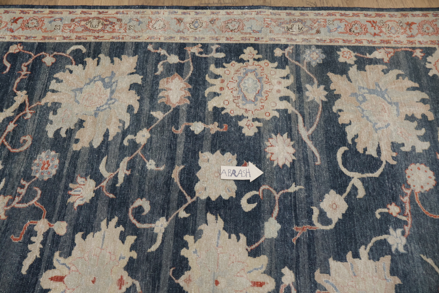 Vintage-Inspired Floral Navy Blue Oushak Turkish Rug with Delicate Border Accents 6x9
