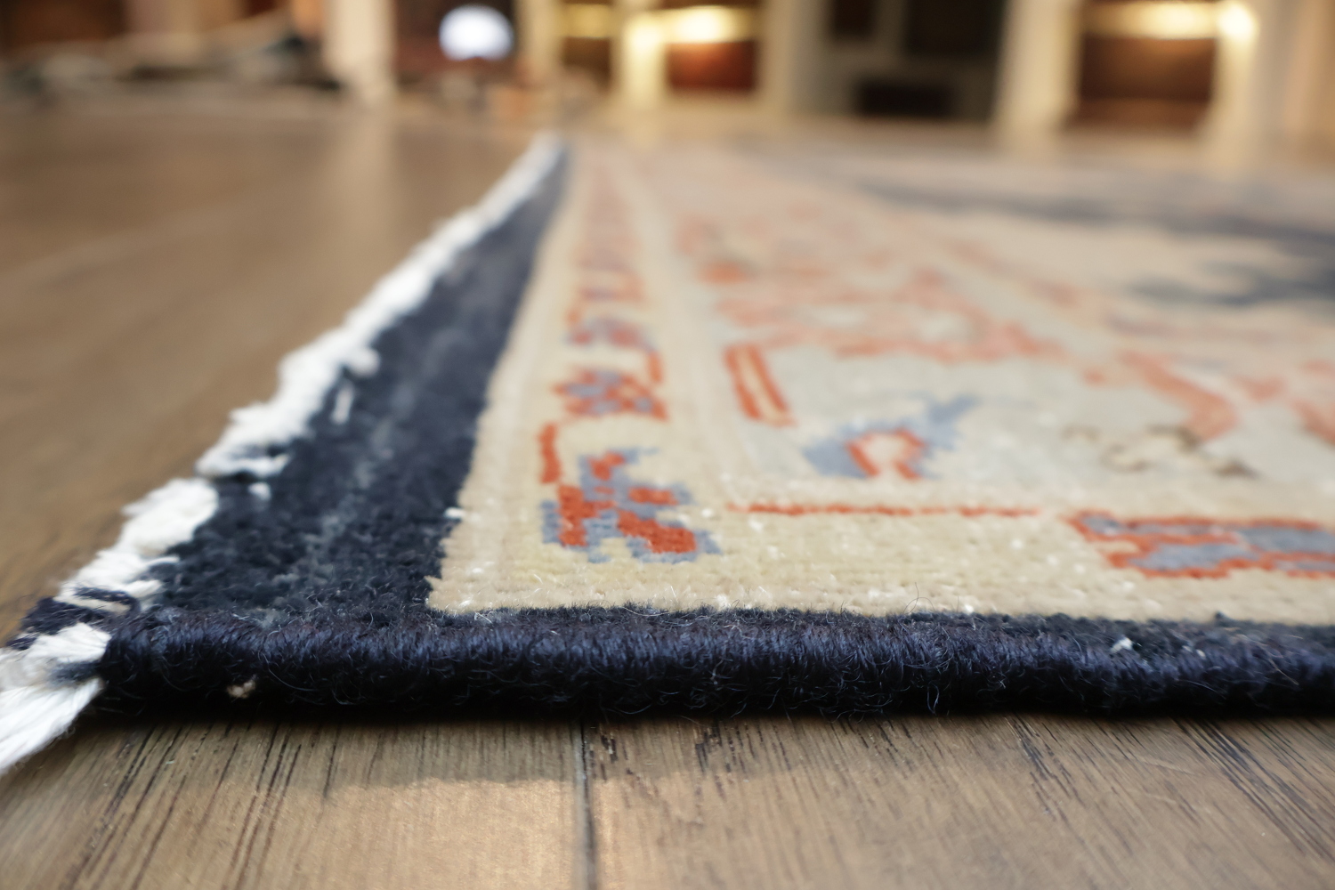Vintage-Inspired Floral Navy Blue Oushak Turkish Rug with Delicate Border Accents 6x9