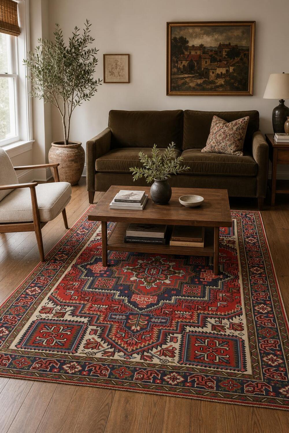New Geometric Red Heriz Persian Wool Rug 5x7