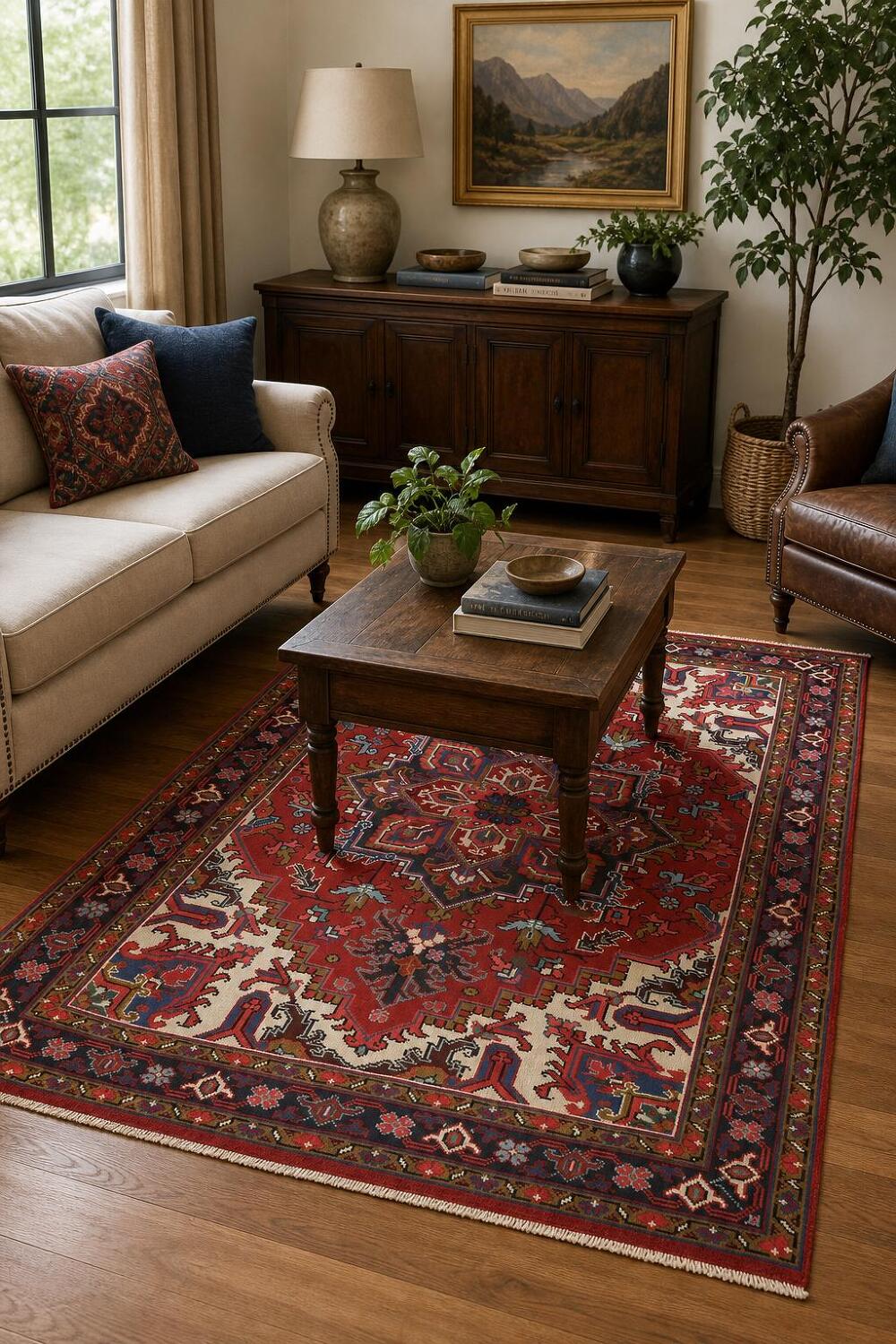 New Geometric Red Heriz Persian Wool Rug 5x6