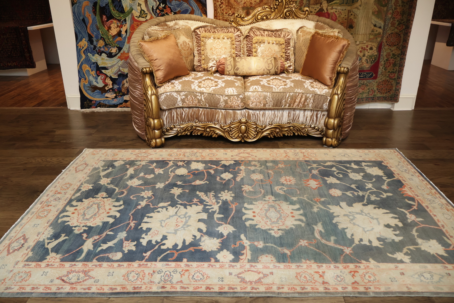 Traditional Oushak Turkish Rug Featuring a Luxurious Teal Background 6x9