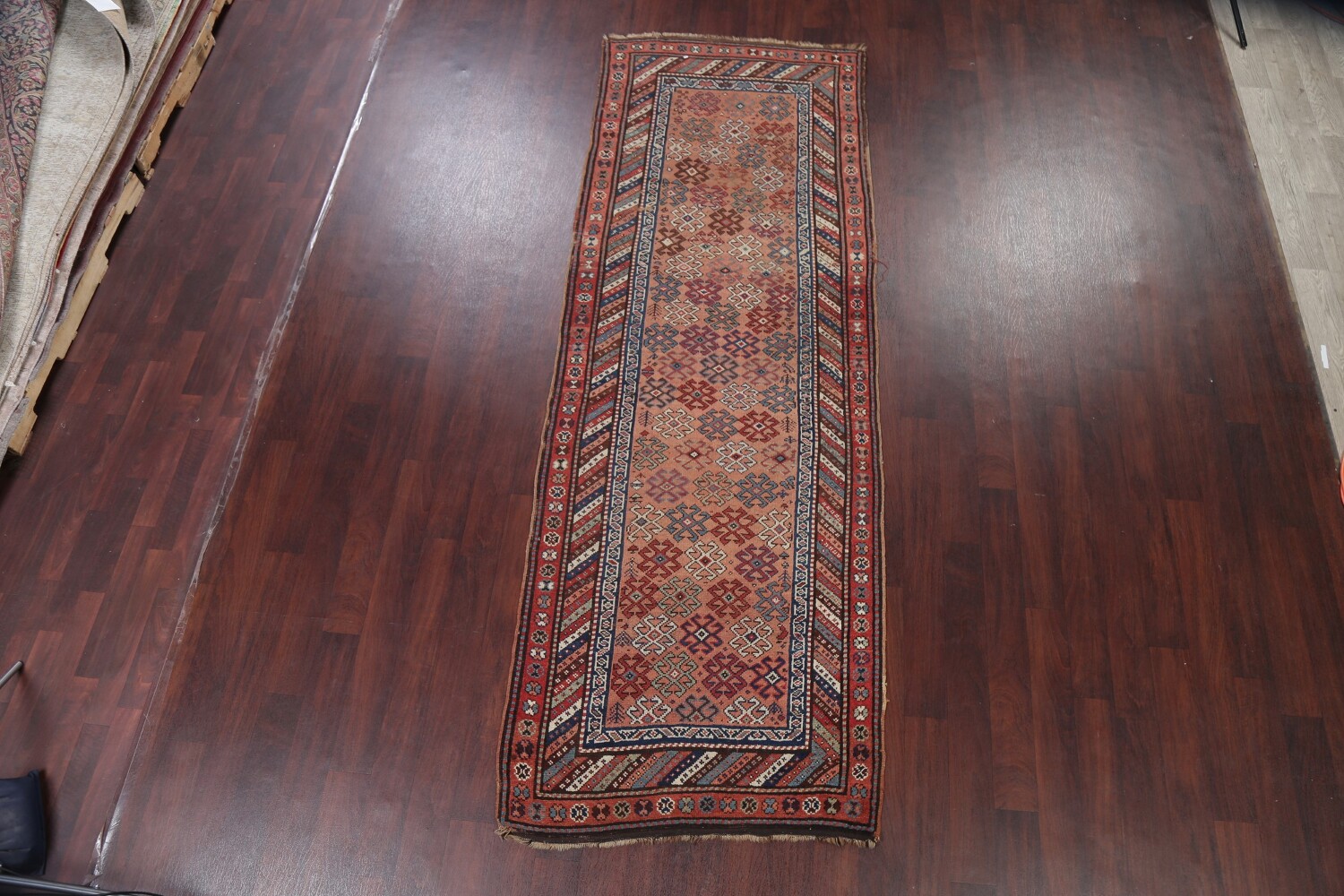 Antique Vegetable Dye Coral Kazak Caucasian Runner Rug 4x11