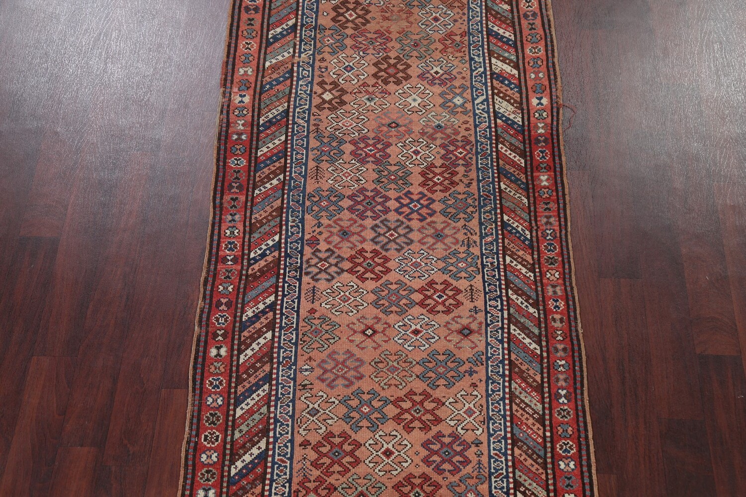 Antique Vegetable Dye Coral Kazak Caucasian Runner Rug 4x11