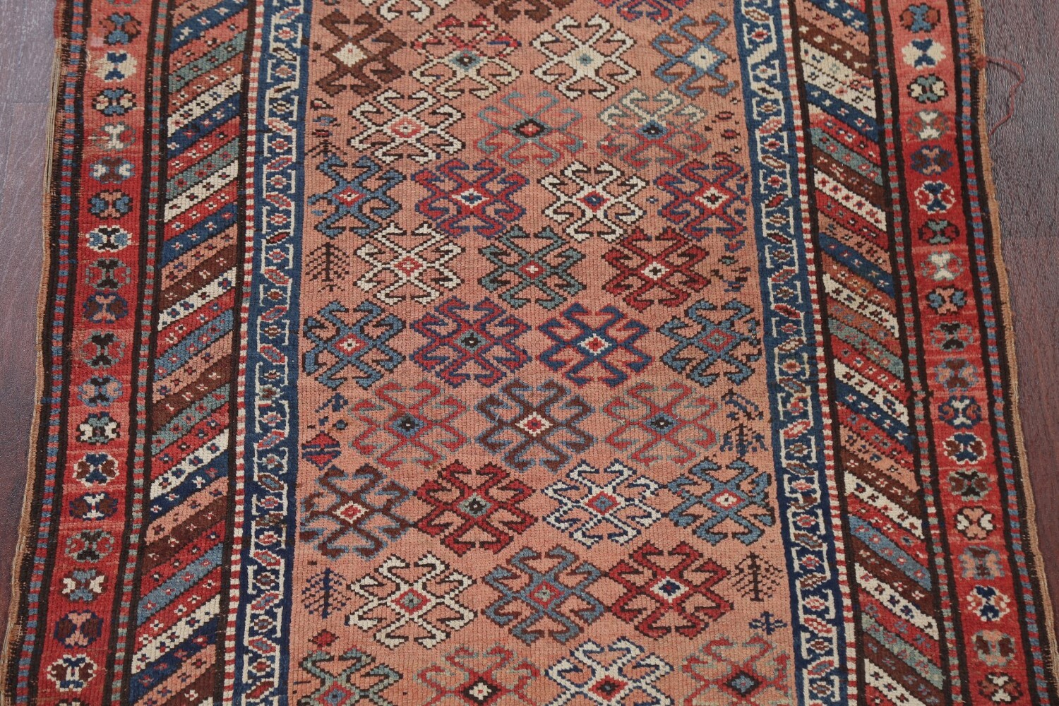 Antique Vegetable Dye Coral Kazak Caucasian Runner Rug 4x11