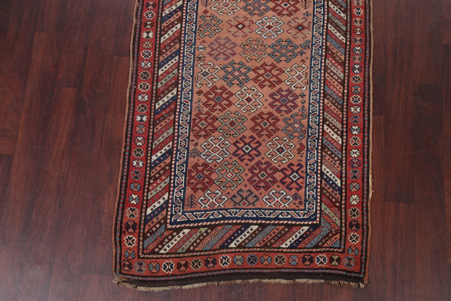 Antique Vegetable Dye Coral Kazak Caucasian Runner Rug 4x11