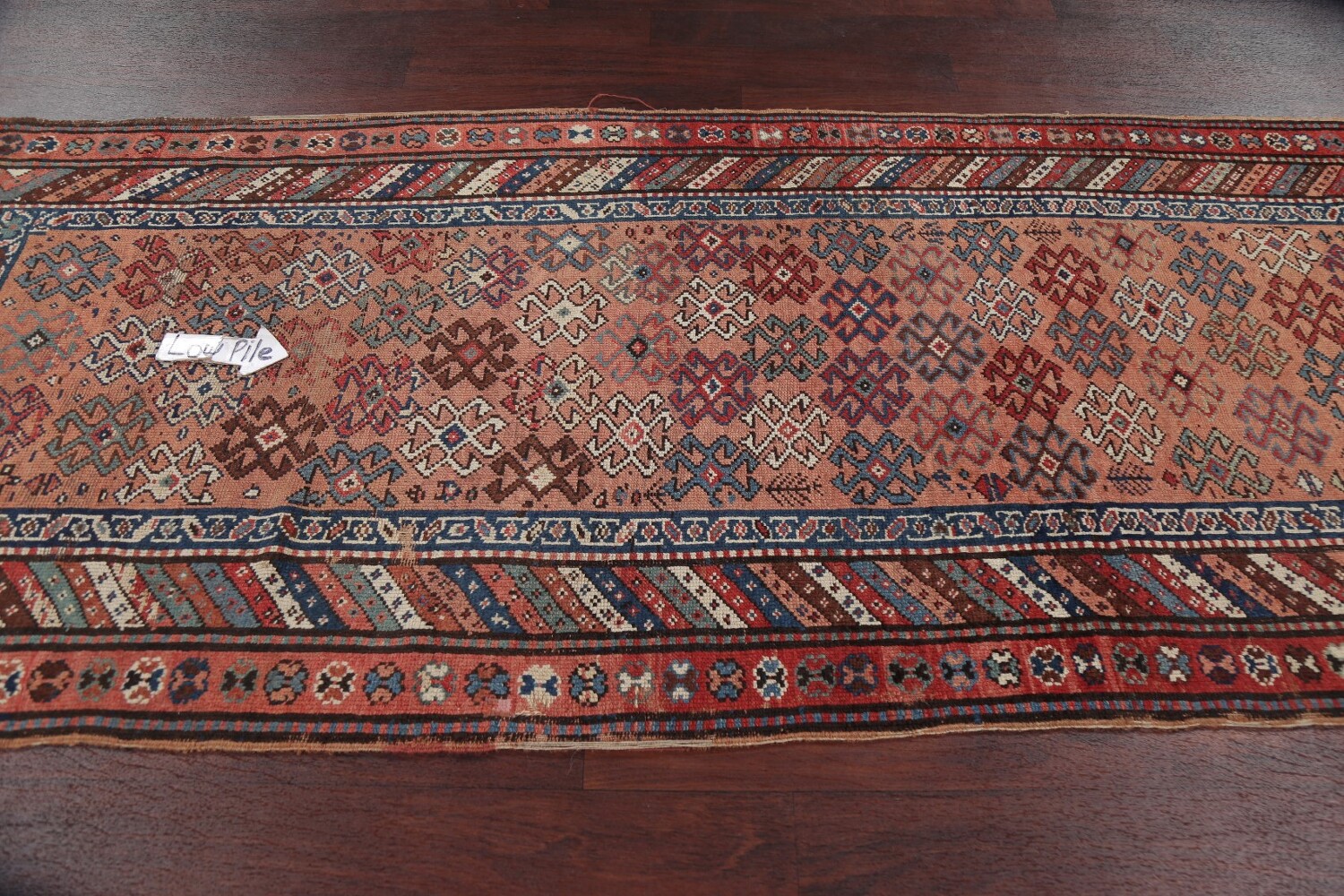 Antique Vegetable Dye Coral Kazak Caucasian Runner Rug 4x11