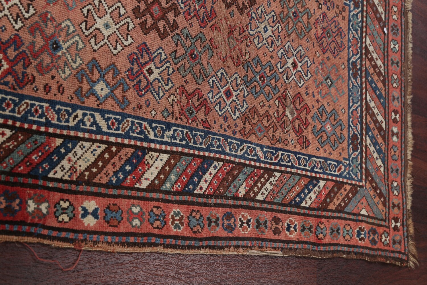 Antique Vegetable Dye Coral Kazak Caucasian Runner Rug 4x11