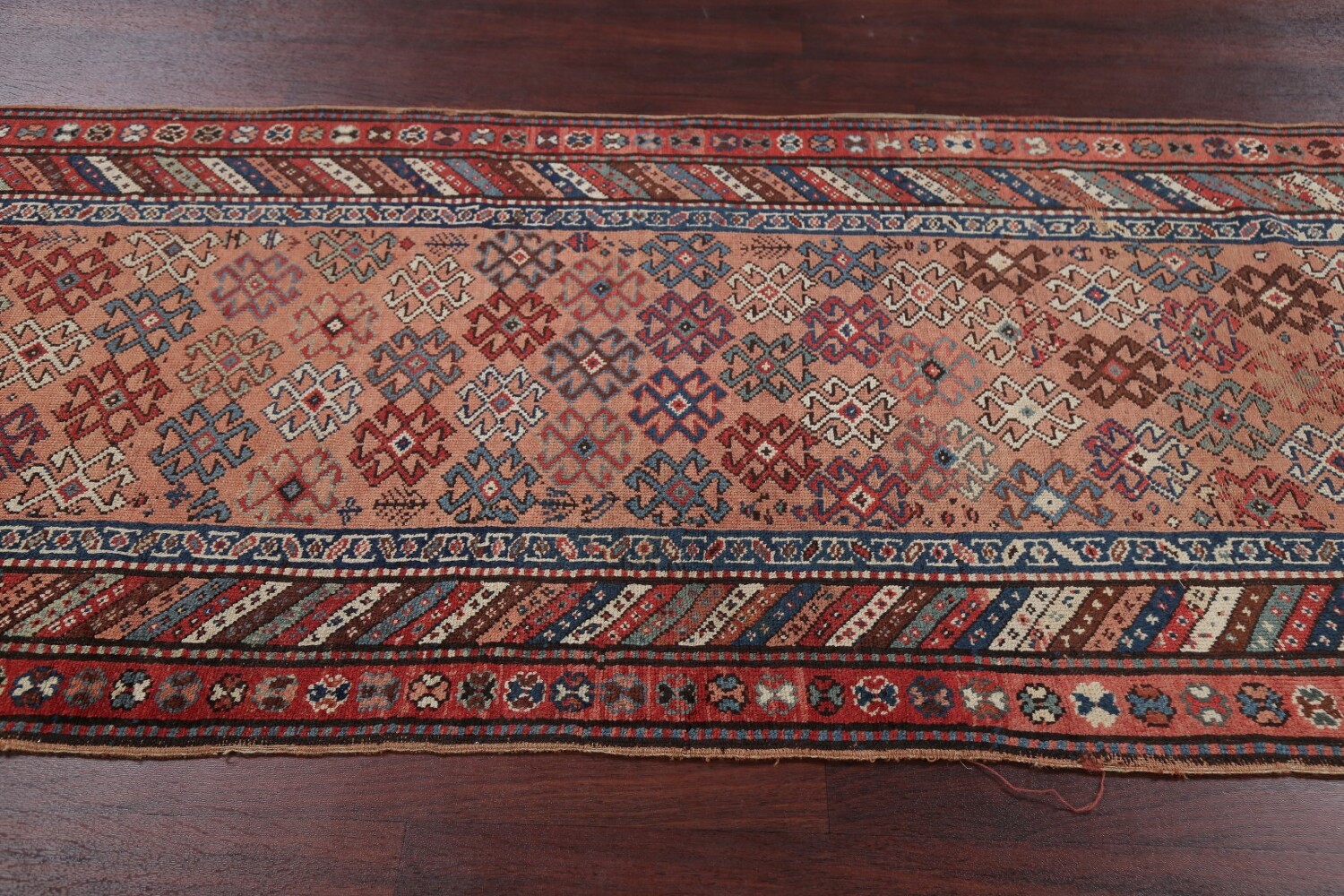 Antique Vegetable Dye Coral Kazak Caucasian Runner Rug 4x11