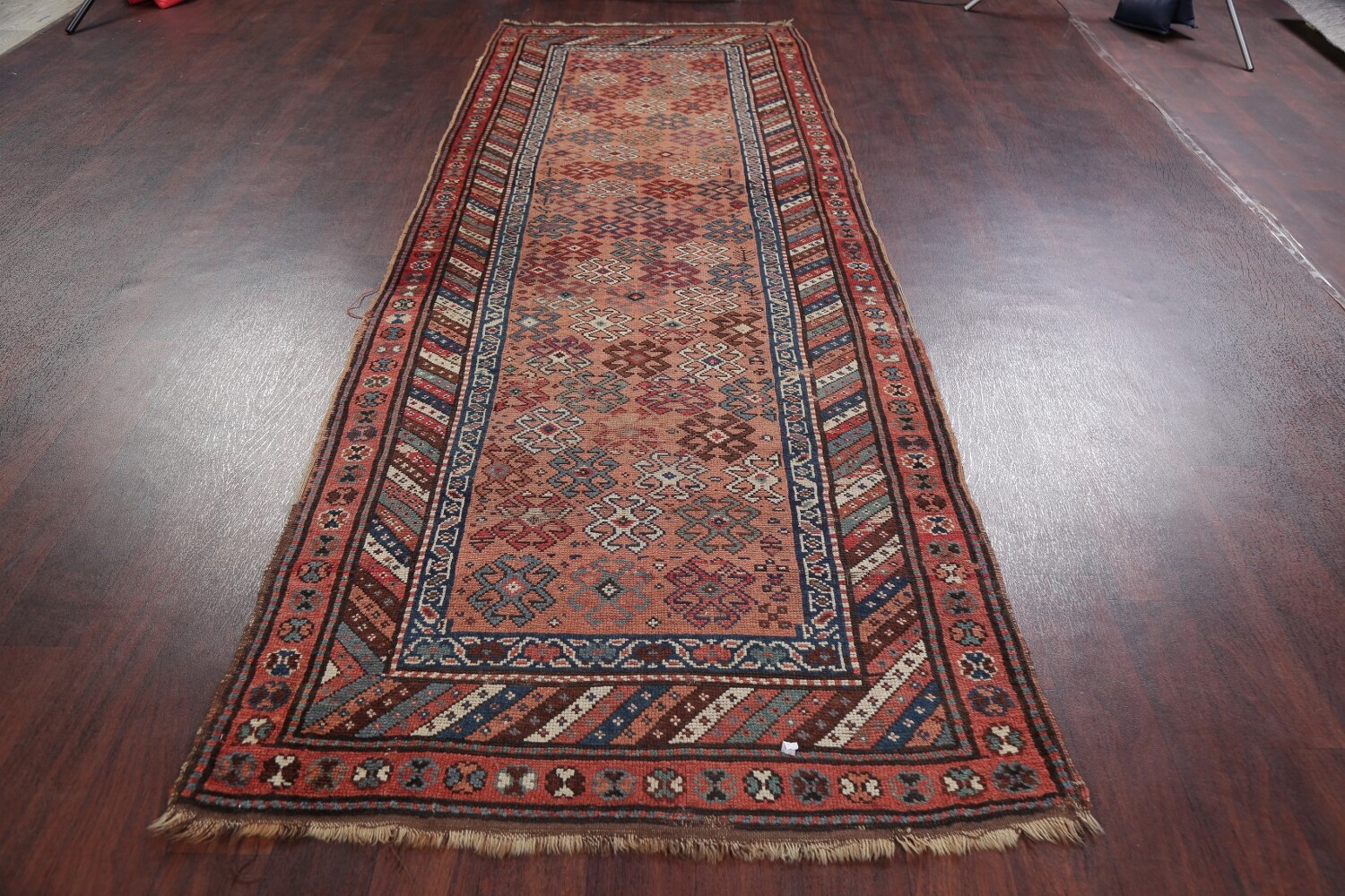 Antique Vegetable Dye Coral Kazak Caucasian Runner Rug 4x11