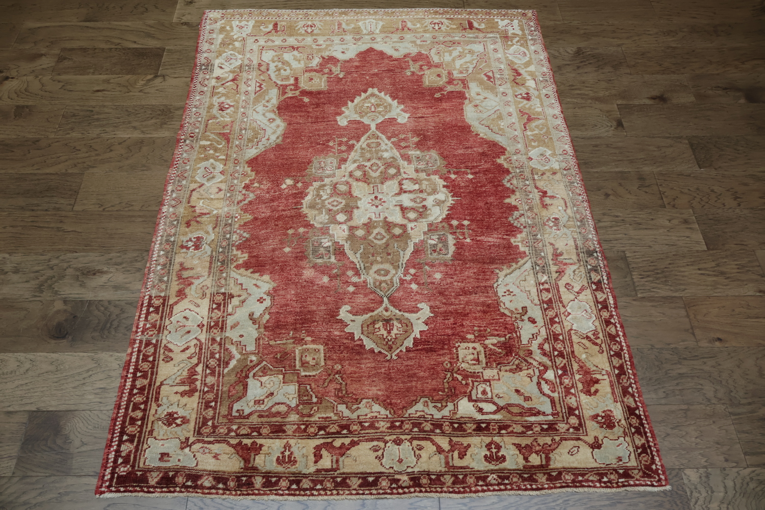 Elegant Red and Beige Vintage Look Oushak Turkish Rug 5x6