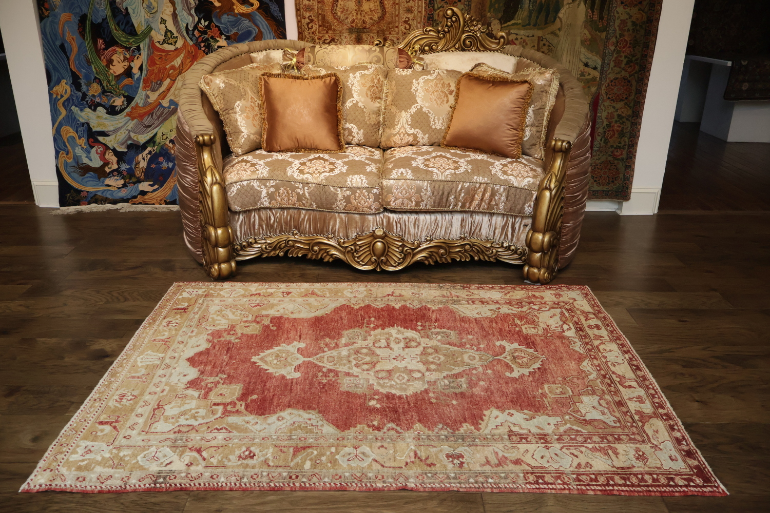 Elegant Red and Beige Vintage Look Oushak Turkish Rug 5x6