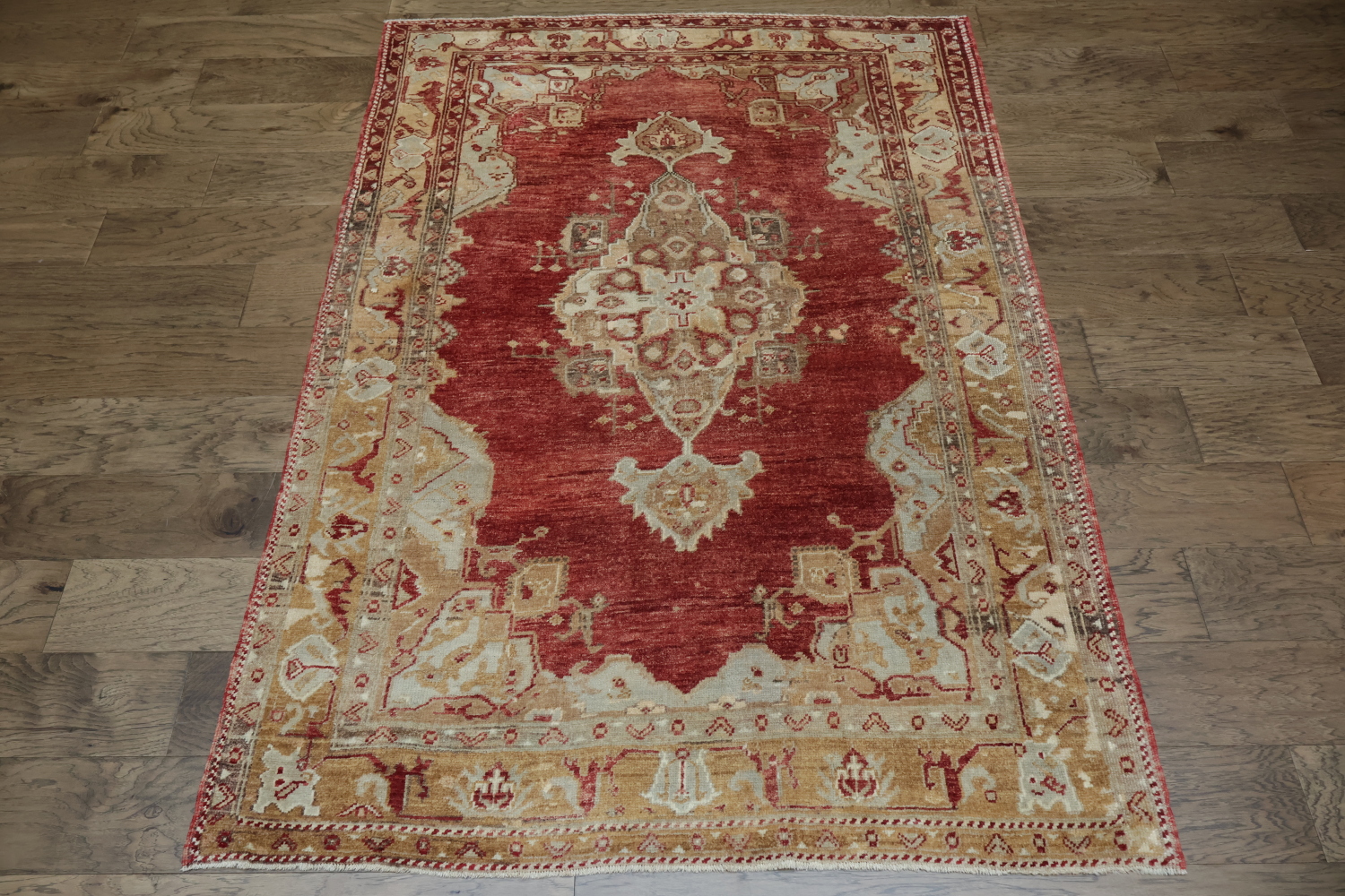 Elegant Red and Beige Vintage Look Oushak Turkish Rug 5x6