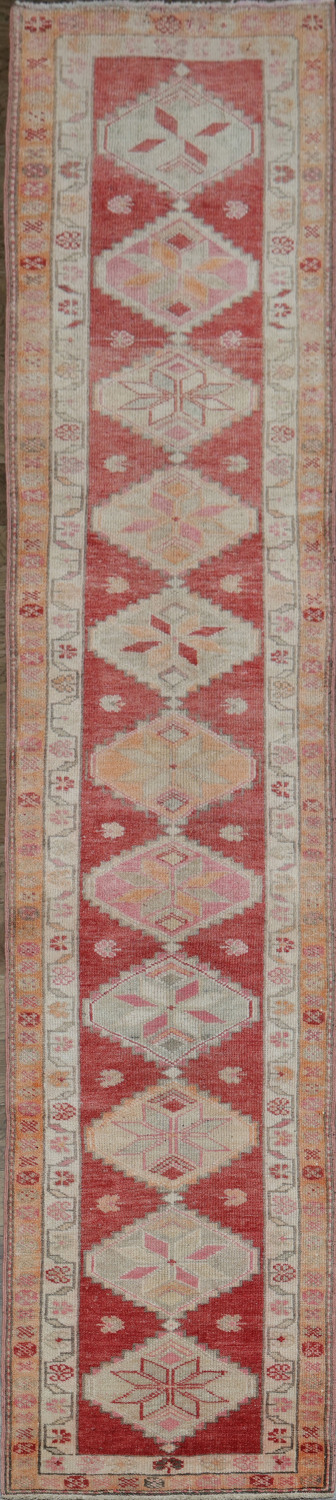 Antique Look Red and Coral Geometric Turkish Runner Rug 3x13