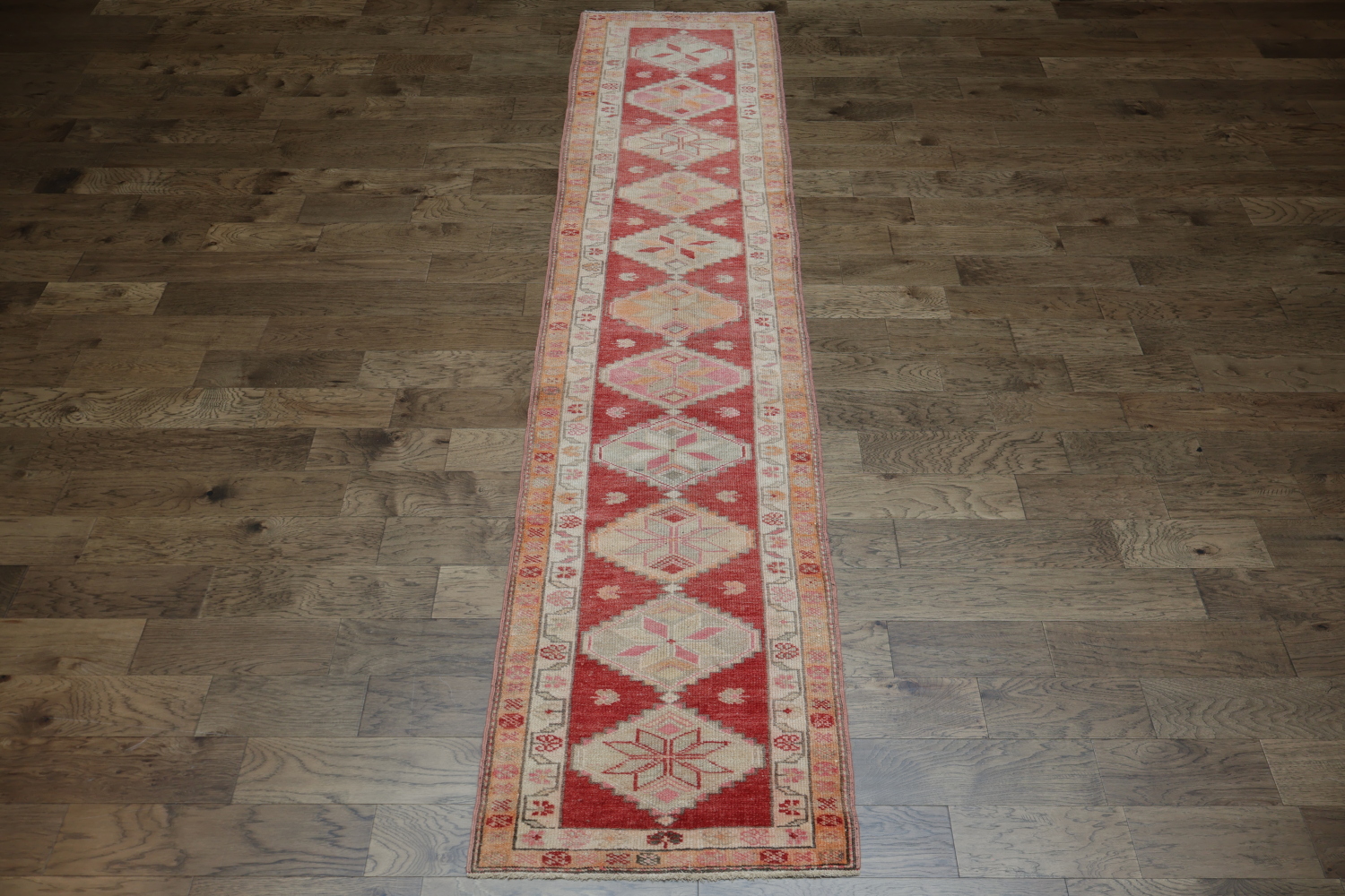 Antique Look Red and Coral Geometric Turkish Runner Rug 3x13