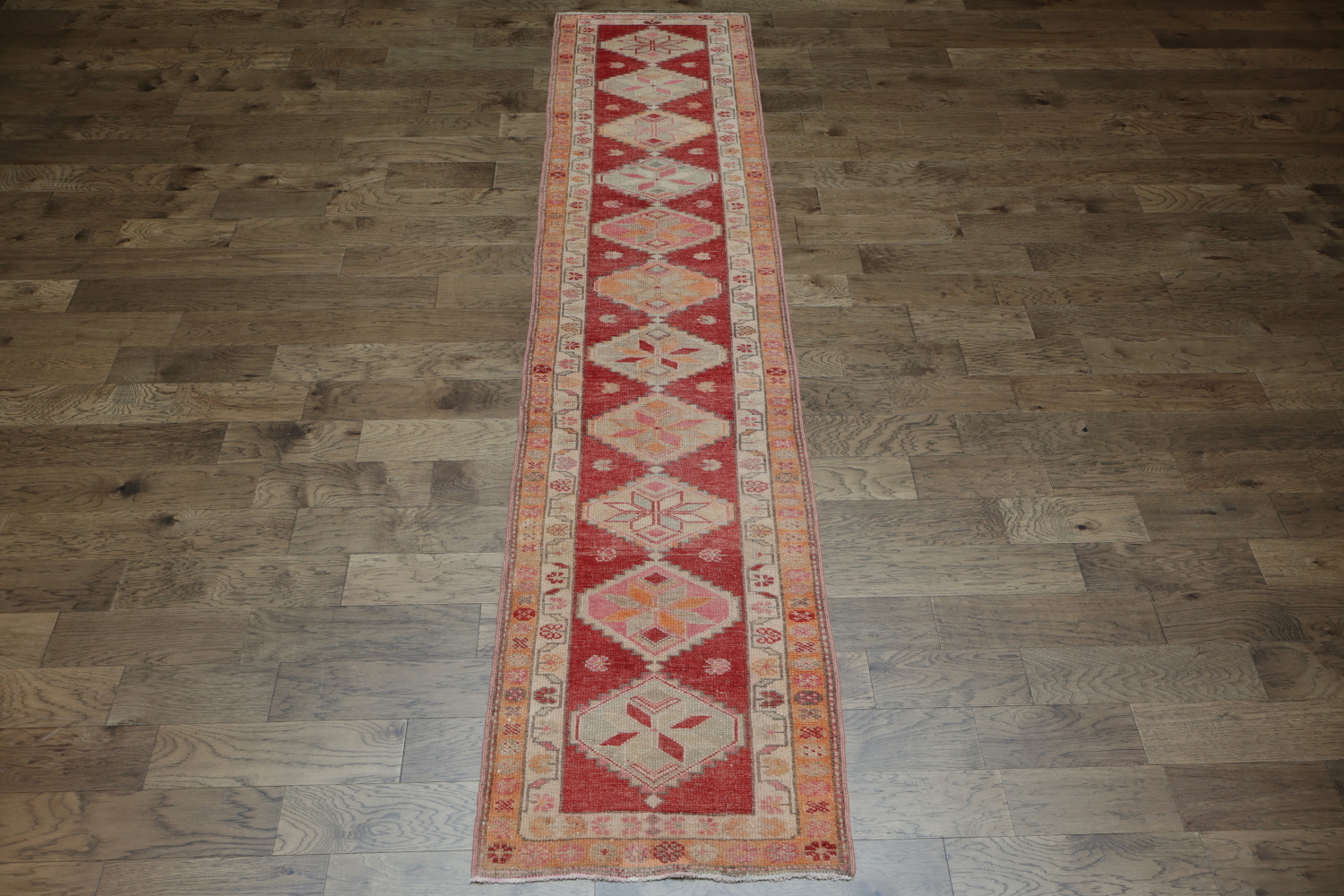 Antique Look Red and Coral Geometric Turkish Runner Rug 3x13