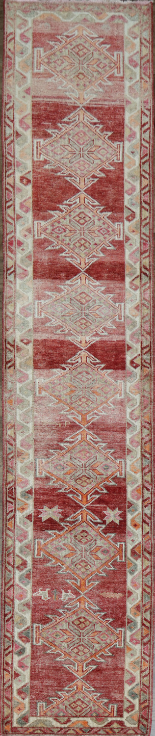 Rustic Charm: Red Geometric Turkish Tribal Runner for Hallways 3x12