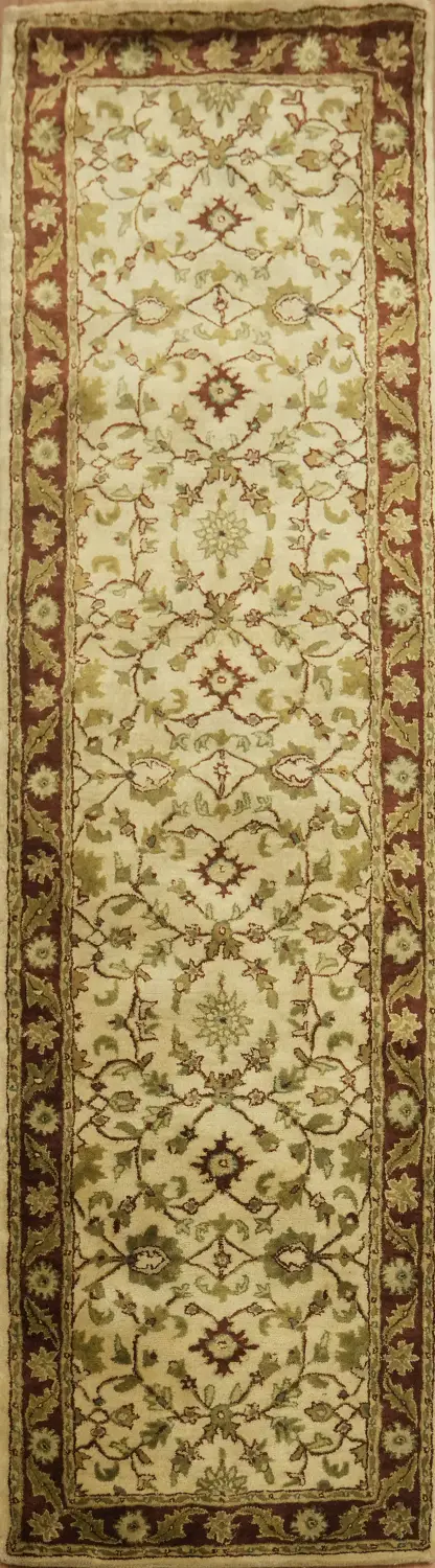 Beige and Burgundy Narrow Runner Rug with Intricate Botanical Design 2x9
