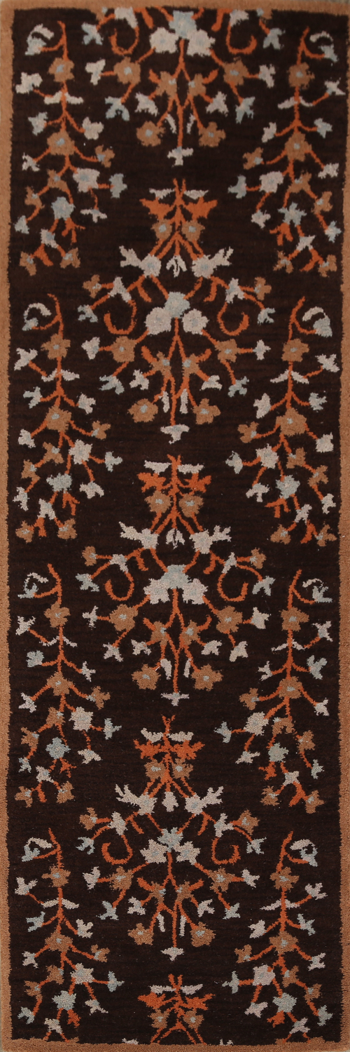 Transitional Floral Dark Brown Runner Rug 3x8