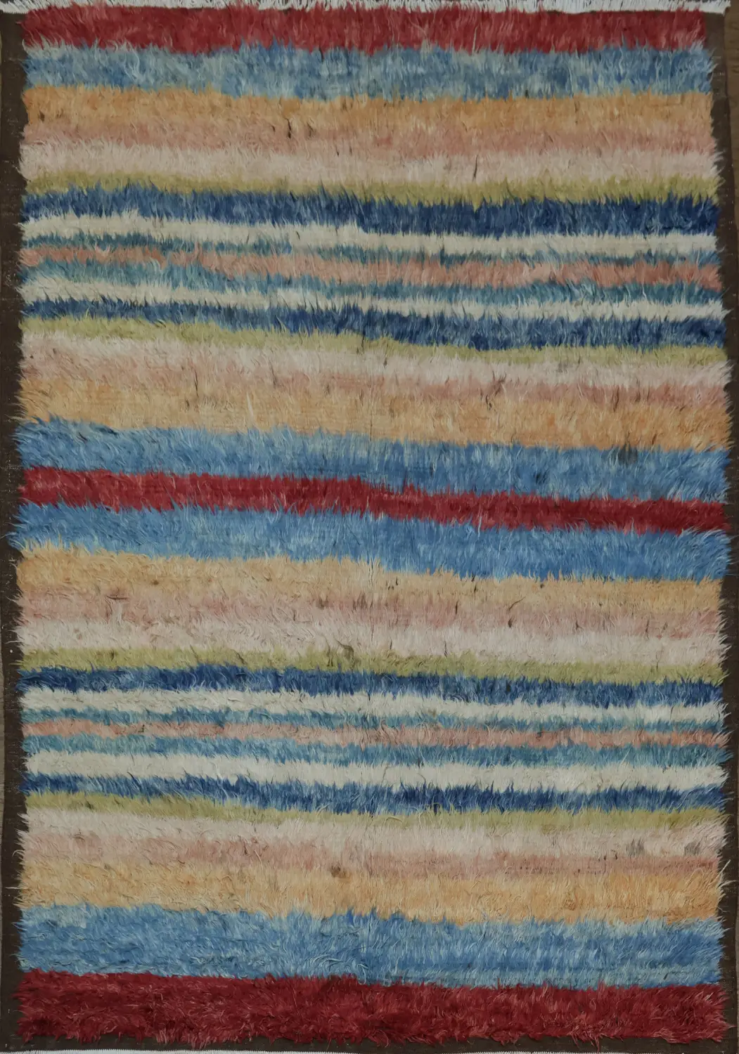 Soft and Stylish Moroccan Shag Rug with Bold Color Stripes 7x9