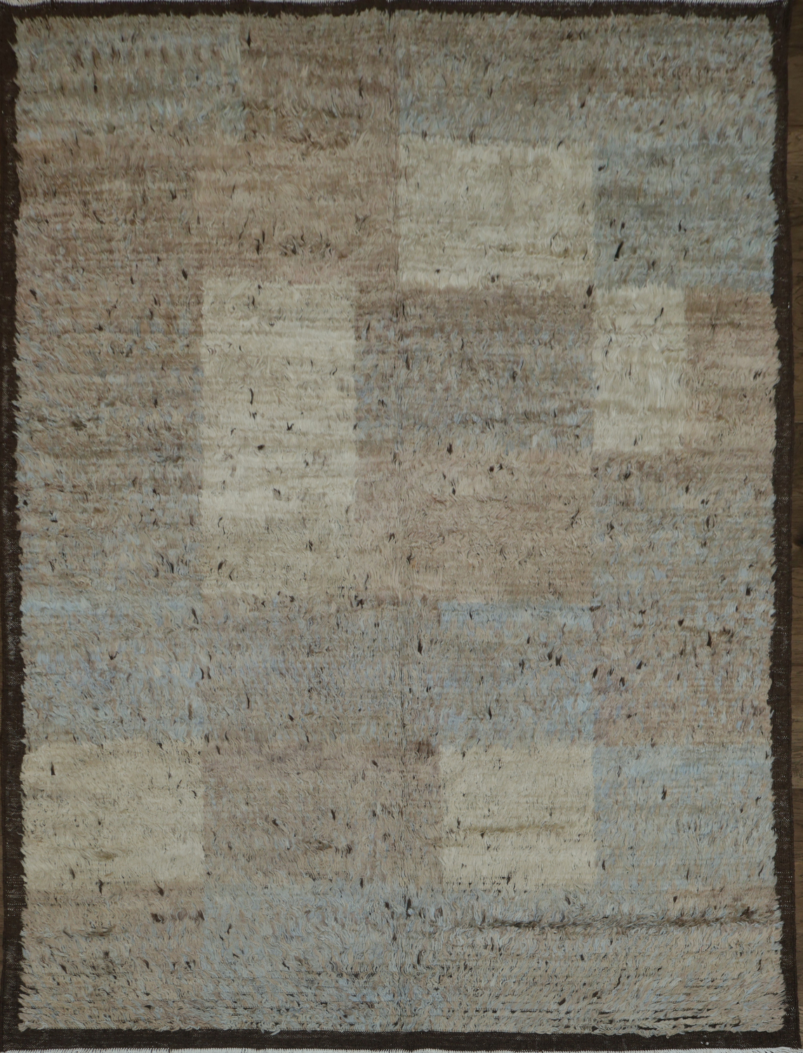 Contemporary Moroccan Shaggy Patchwork Rug with Earthy Beige and Blue Tones 6x8