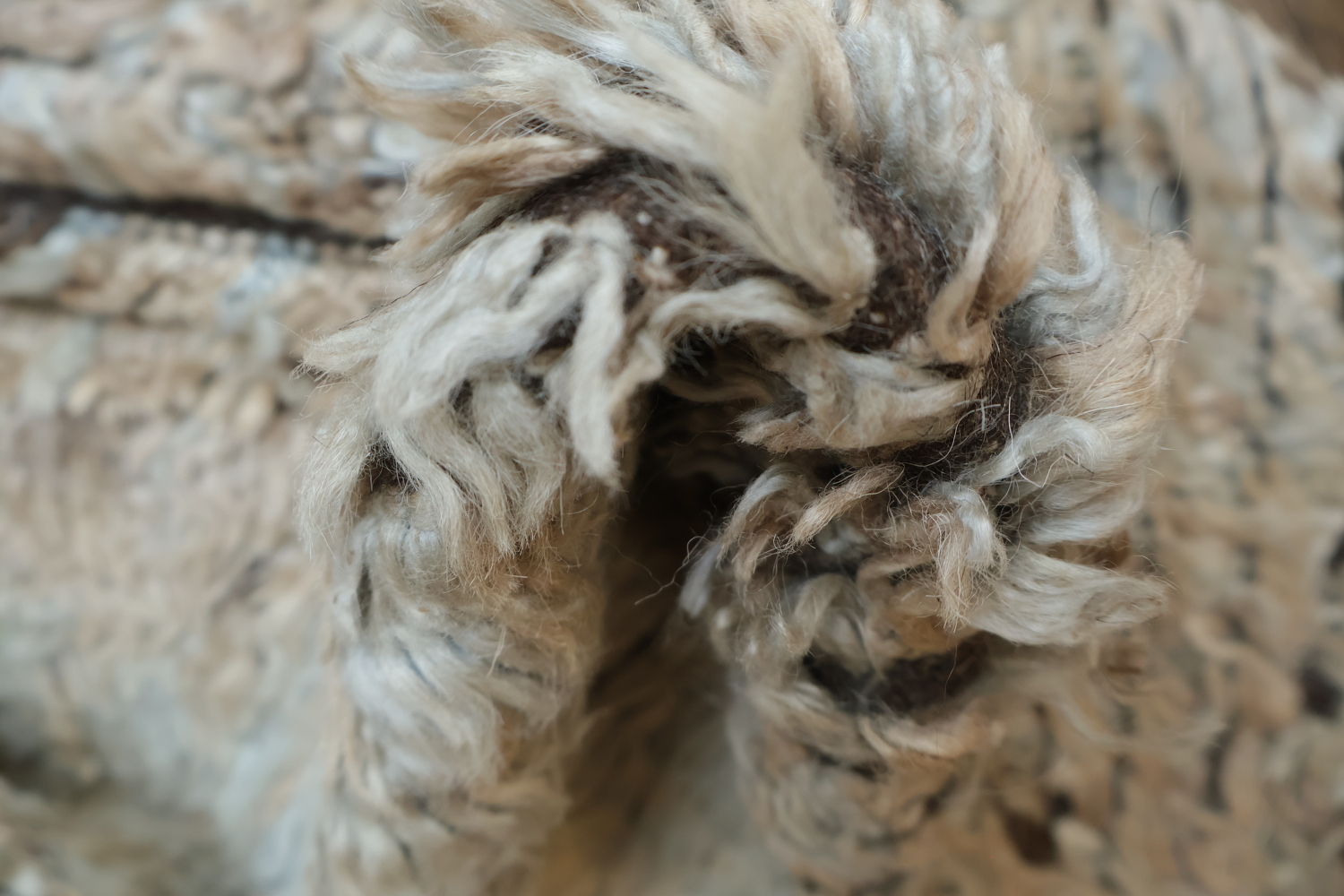 Contemporary Moroccan Shaggy Patchwork Rug with Earthy Beige and Blue Tones 6x8