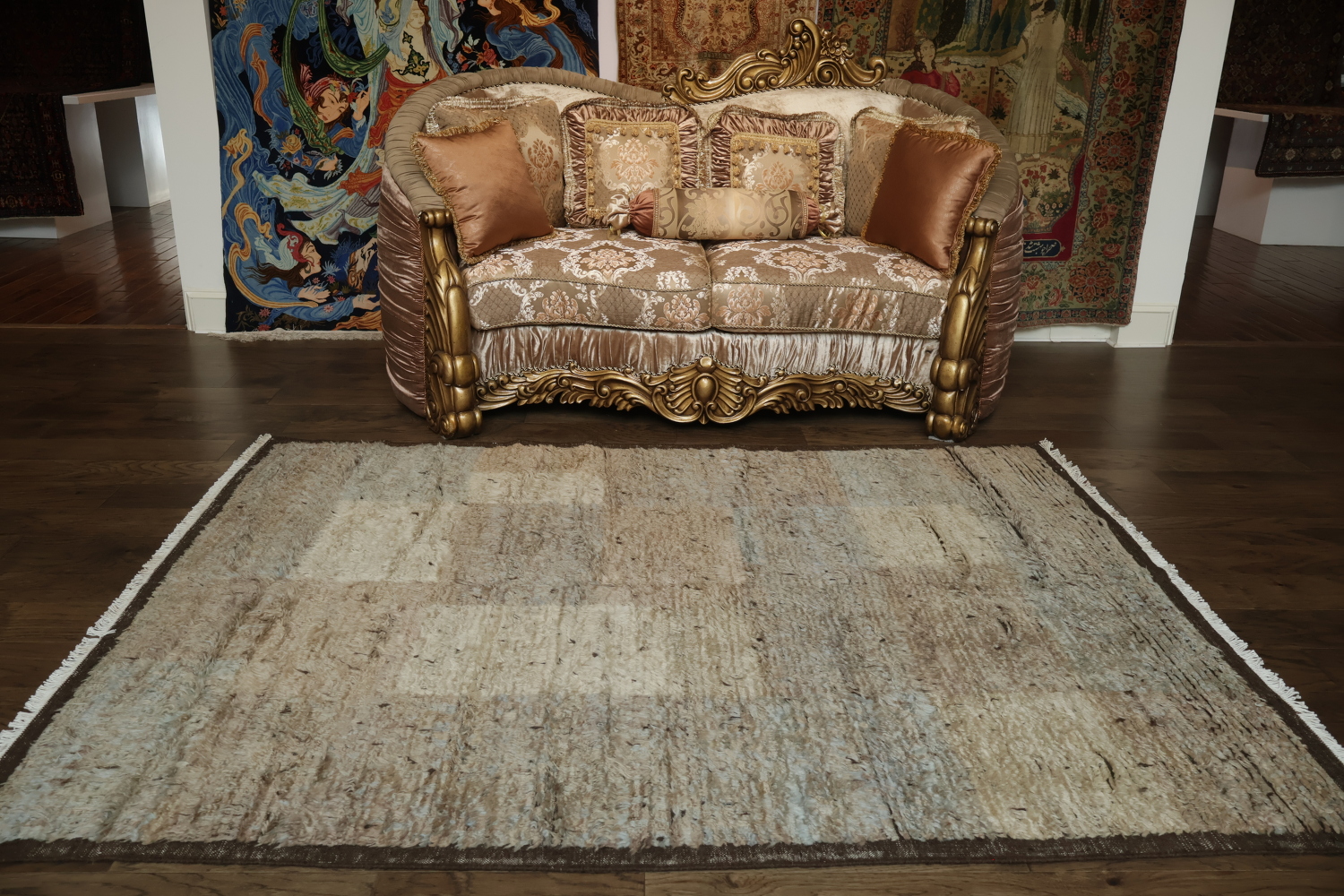 Contemporary Moroccan Shaggy Patchwork Rug with Earthy Beige and Blue Tones 6x8