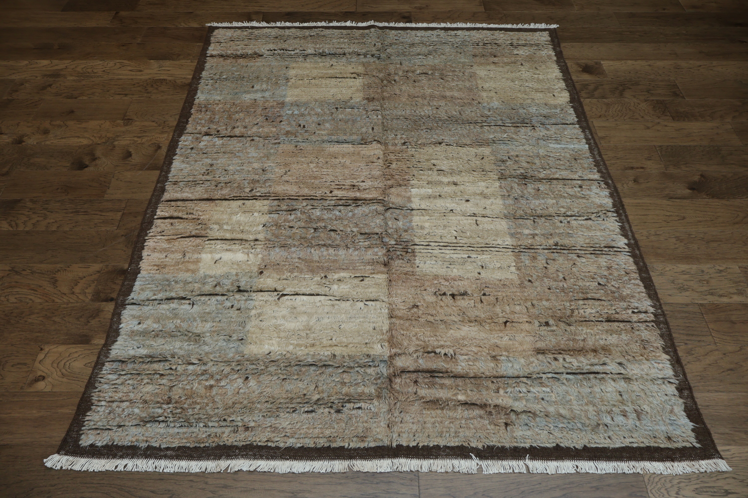 Contemporary Moroccan Shaggy Patchwork Rug with Earthy Beige and Blue Tones 6x8
