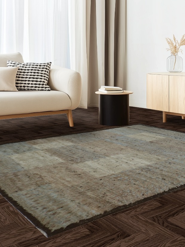 Contemporary Moroccan Shaggy Patchwork Rug with Earthy Beige and Blue Tones 6x8