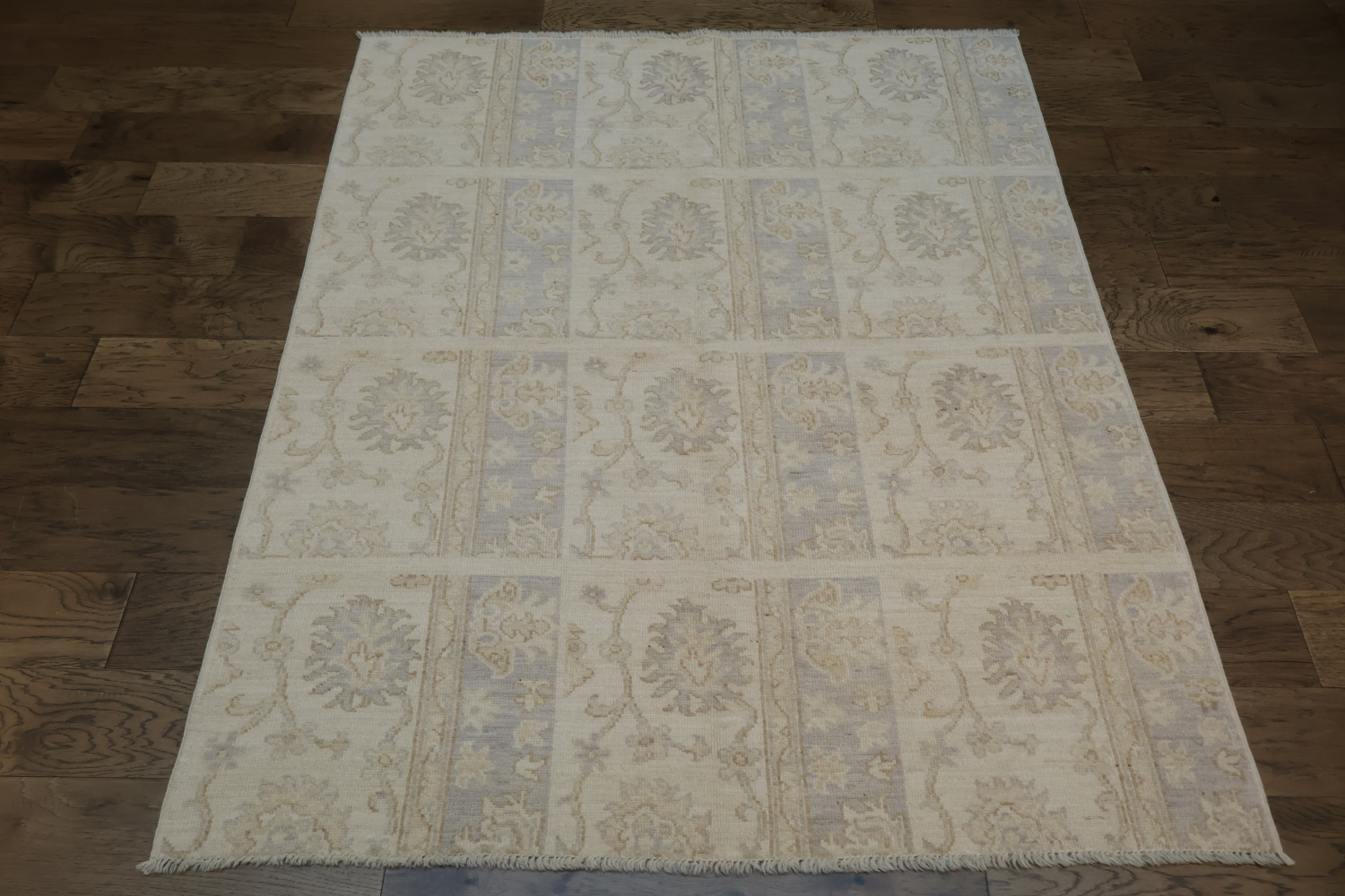 Luxurious Beige and Blue Oushak Turkish Rug with Elegant Floral Patterns 5x6