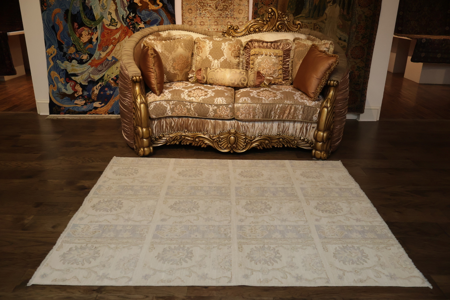 Luxurious Beige and Blue Oushak Turkish Rug with Elegant Floral Patterns 5x6