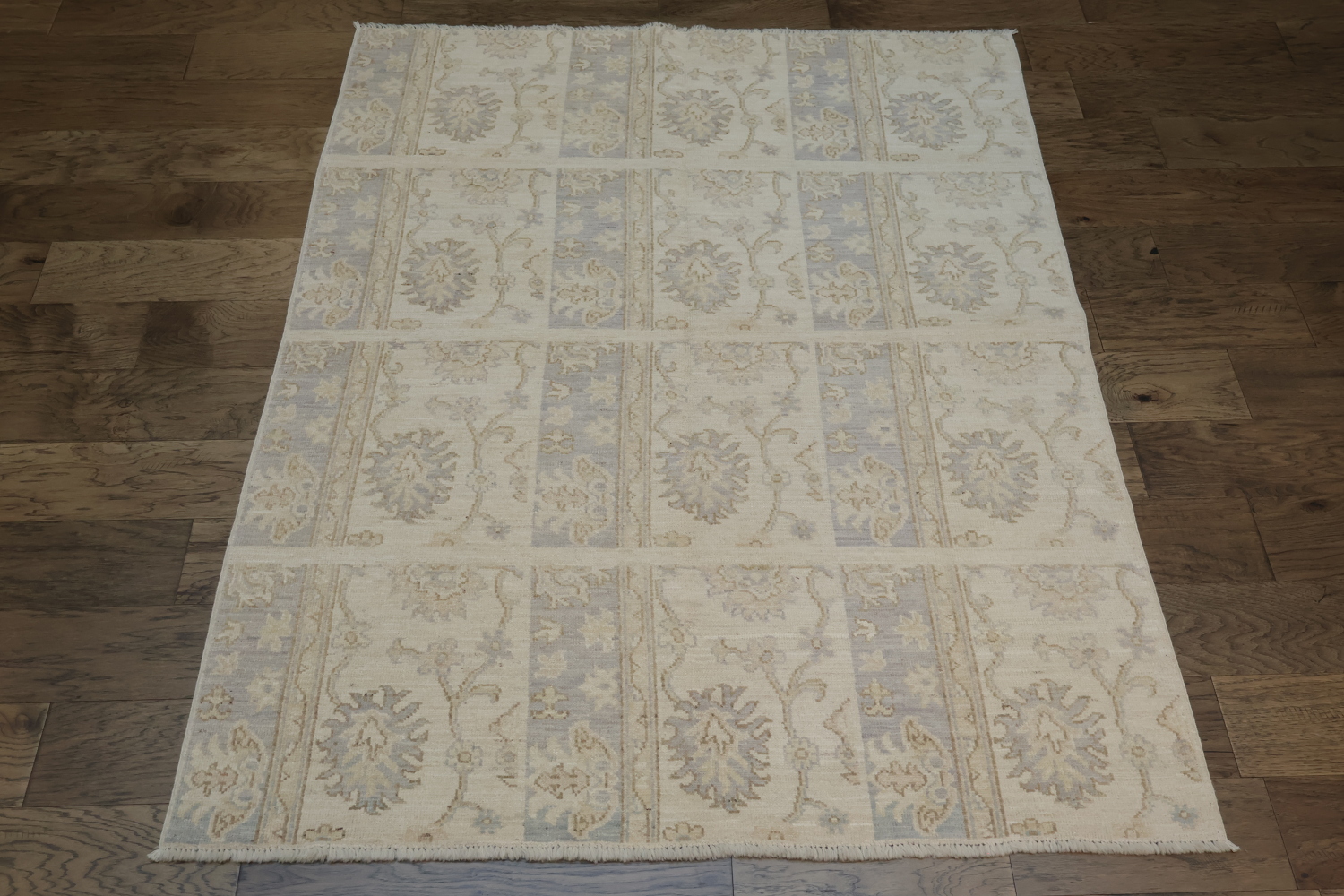 Luxurious Beige and Blue Oushak Turkish Rug with Elegant Floral Patterns 5x6