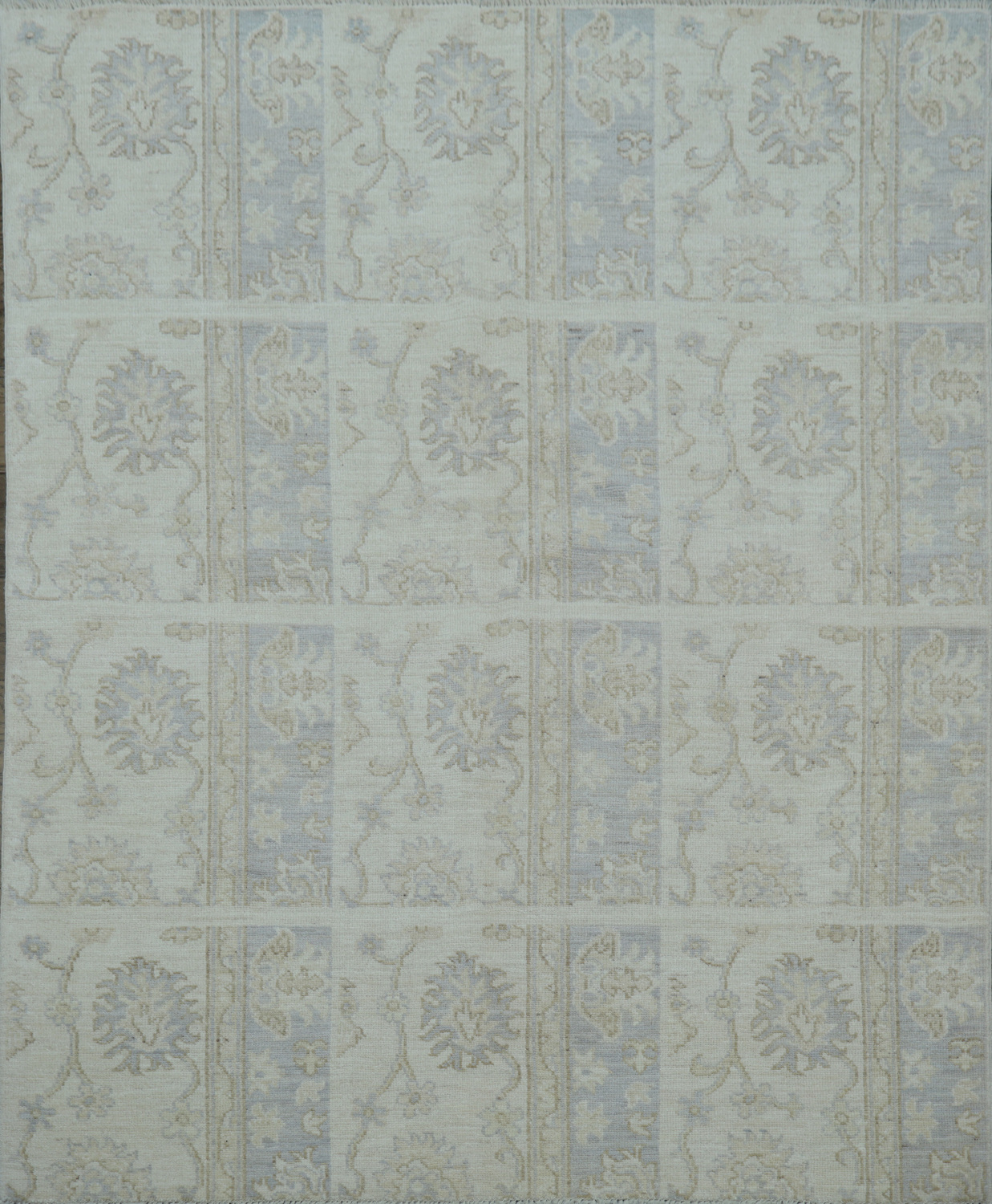 Elegant Faded Blue and Beige Floral Mortar Patterned Oushak Turkish Rug 5x6