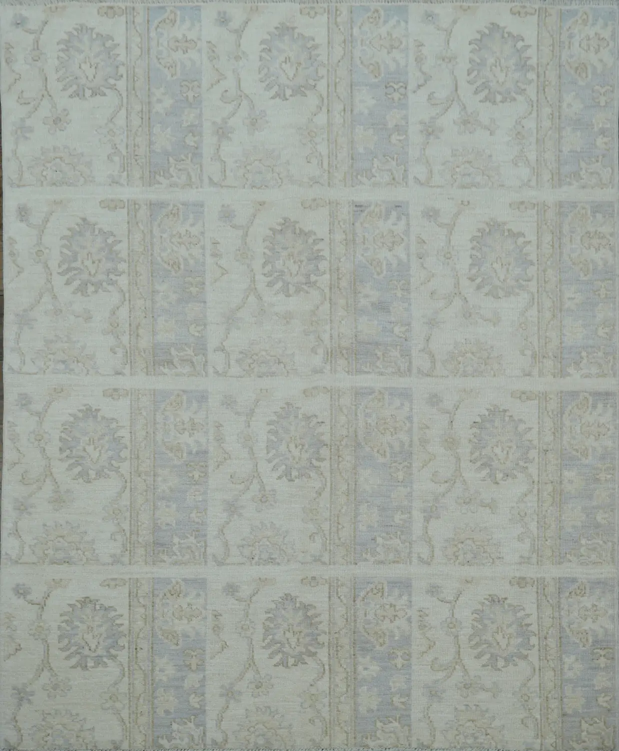 Elegant Faded Blue and Beige Floral Mortar Patterned Oushak Turkish Rug 5x6