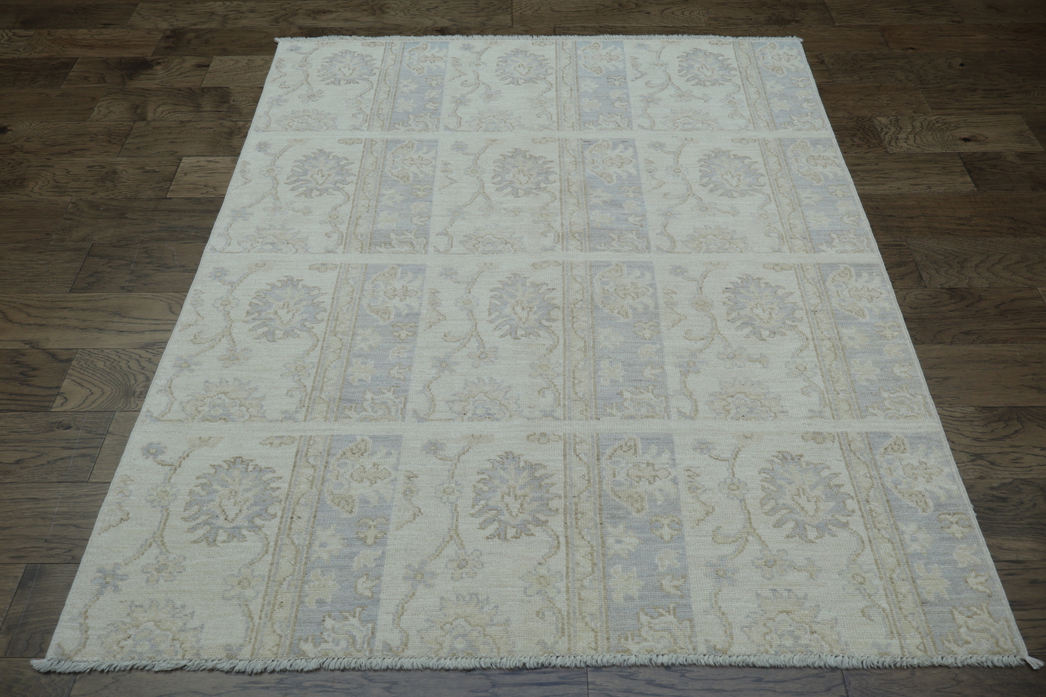 Elegant Faded Blue and Beige Floral Mortar Patterned Oushak Turkish Rug 5x6