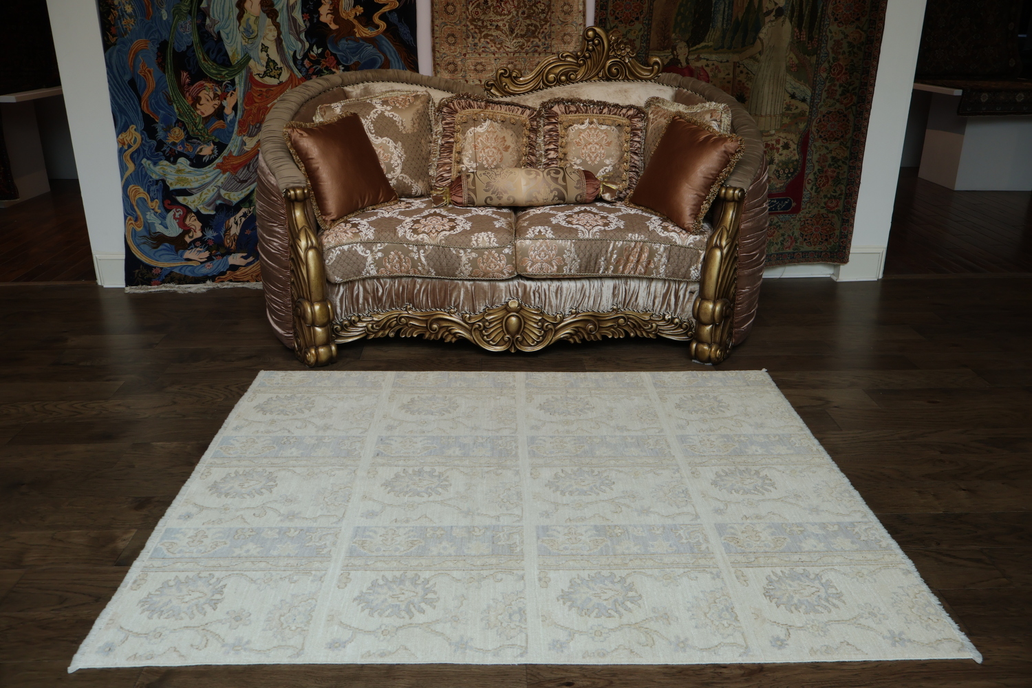 Elegant Faded Blue and Beige Floral Mortar Patterned Oushak Turkish Rug 5x6