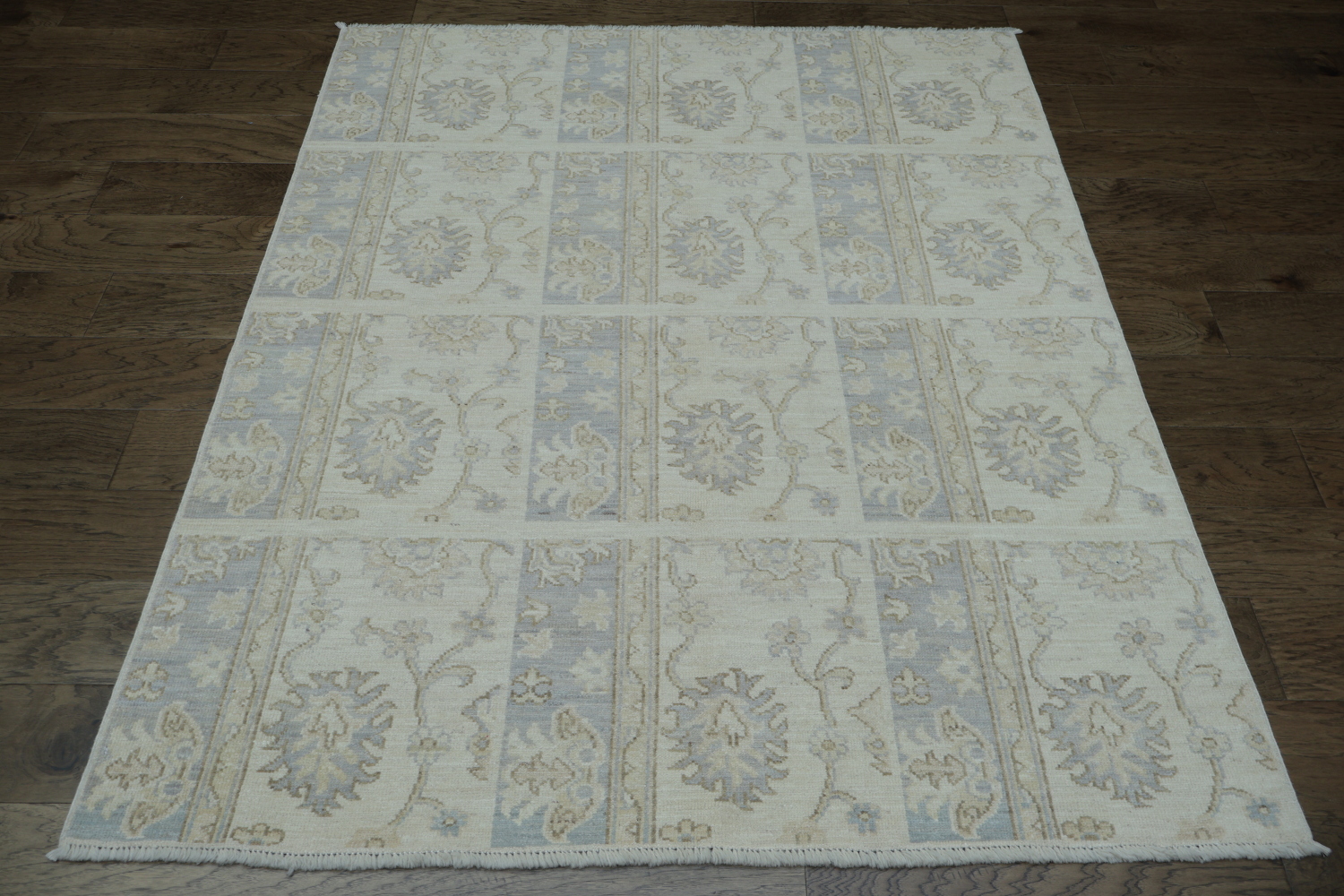 Elegant Faded Blue and Beige Floral Mortar Patterned Oushak Turkish Rug 5x6