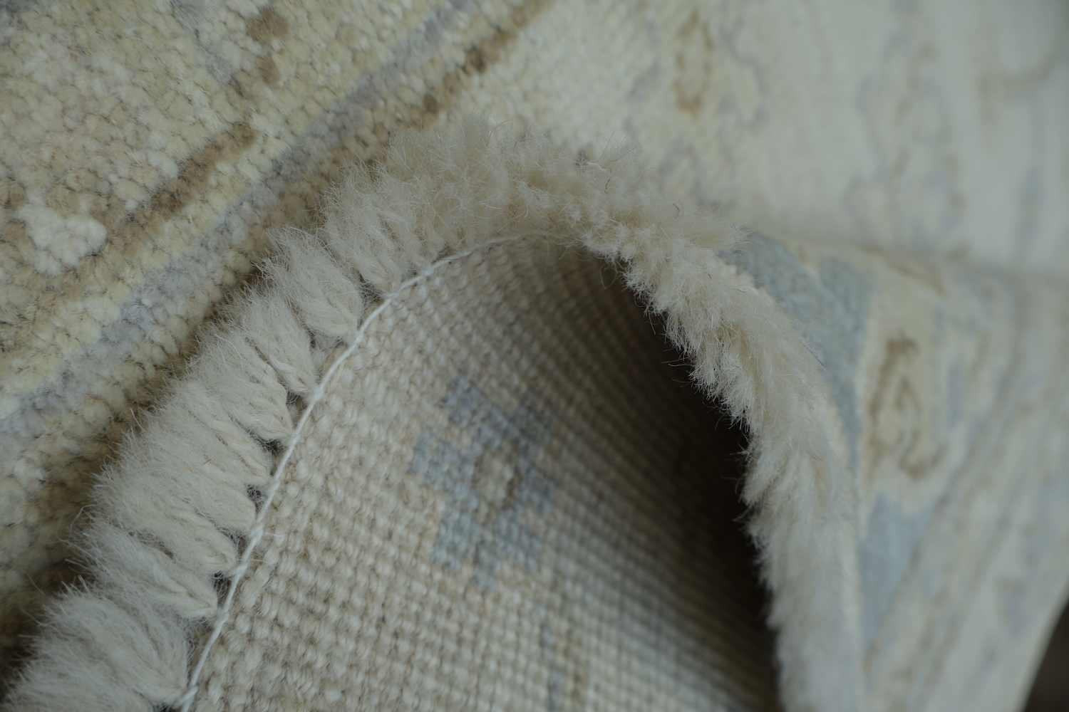 Elegant Faded Blue and Beige Floral Mortar Patterned Oushak Turkish Rug 5x6