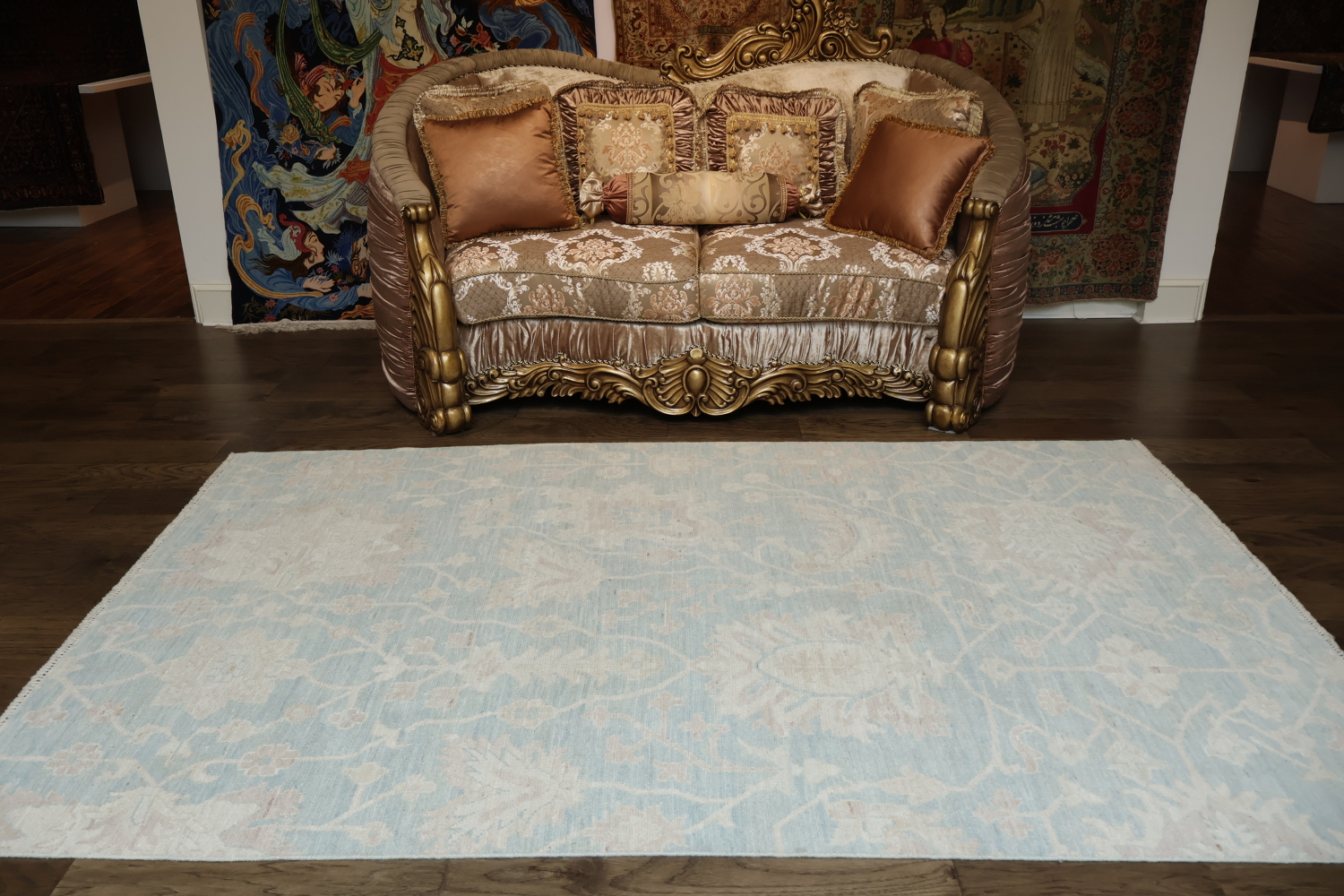 Elegant Sky Blue Oushak Turkish Rug with Intricate Floral Patterns 5x9