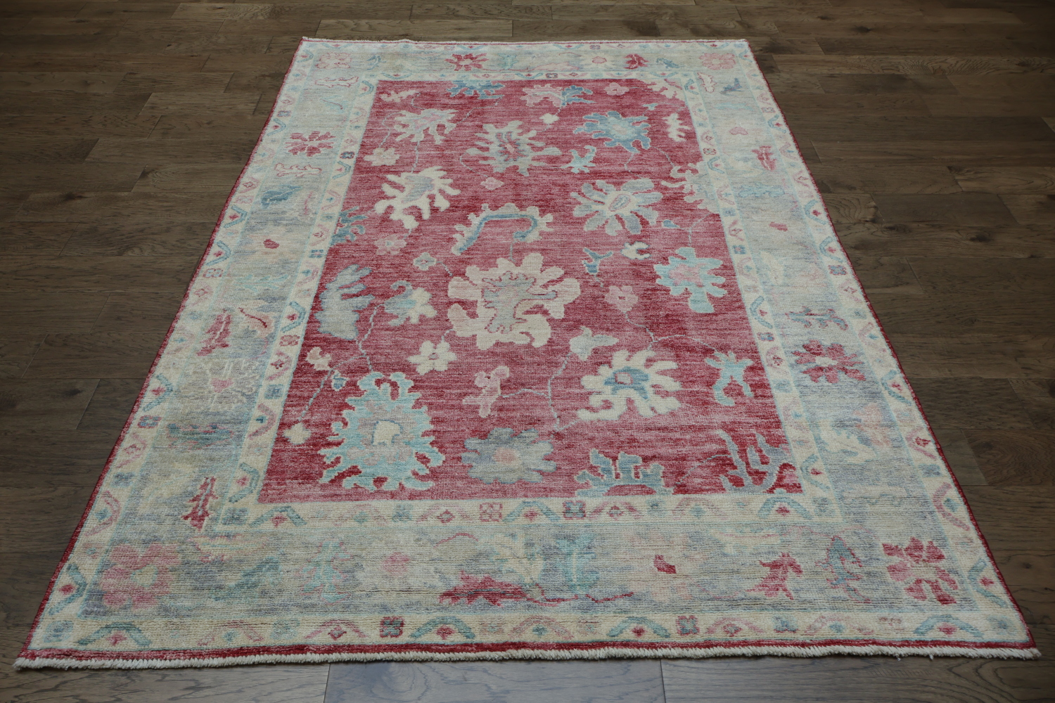 Elegant Floral Red Oushak Turkish Rug with Timeless Vintage Aesthetic and Soft Hues 6x9