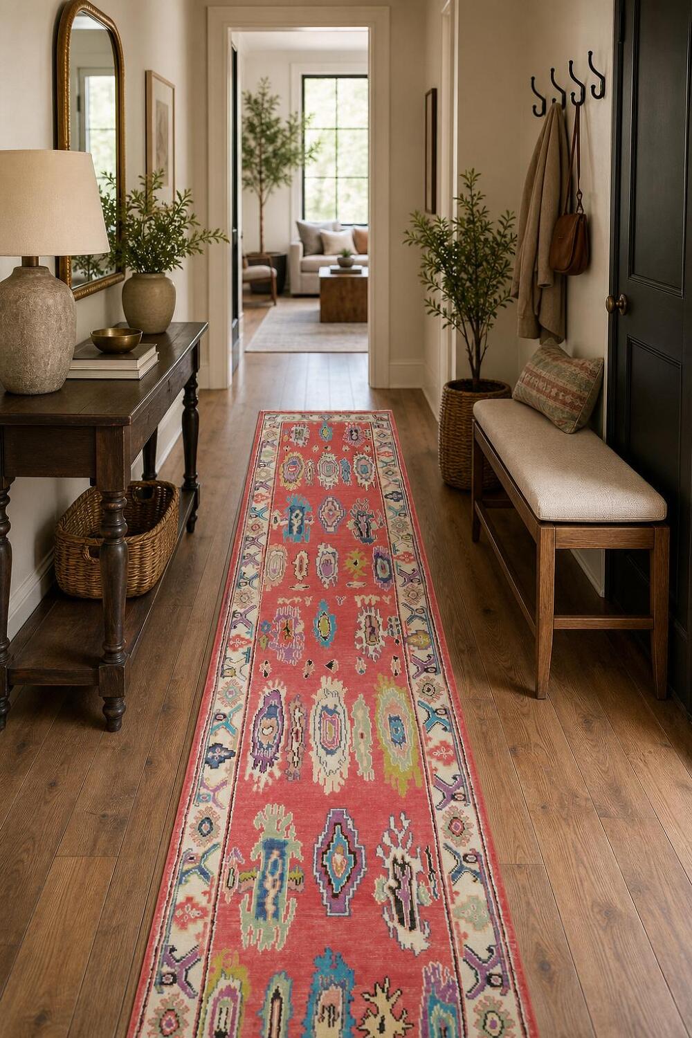 Vegetable Dye Colorful Oushak Turkish Runner Rug for Hallways 3x13