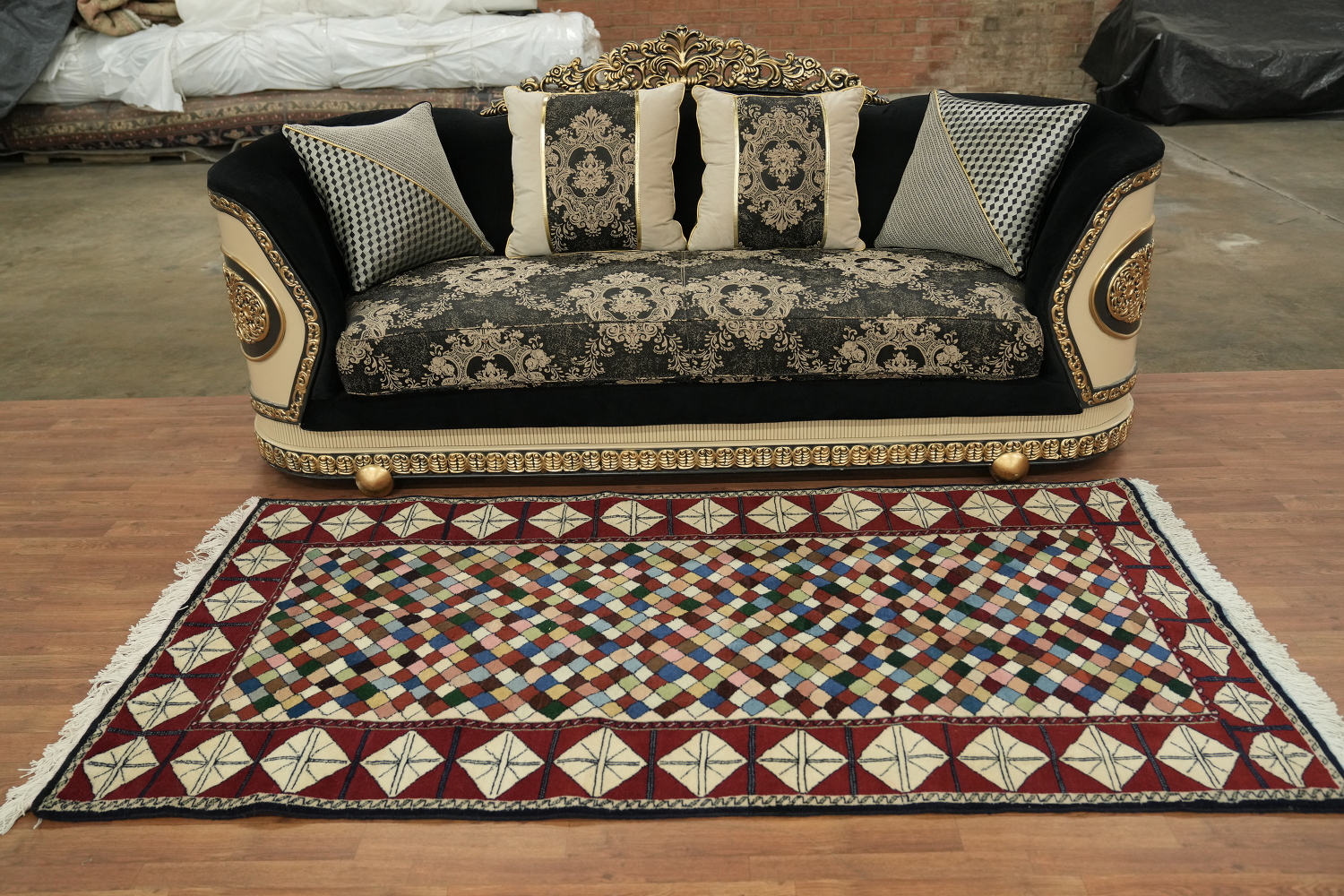 All-Over Checkered Ardebil Persian Runner Rug 4x8