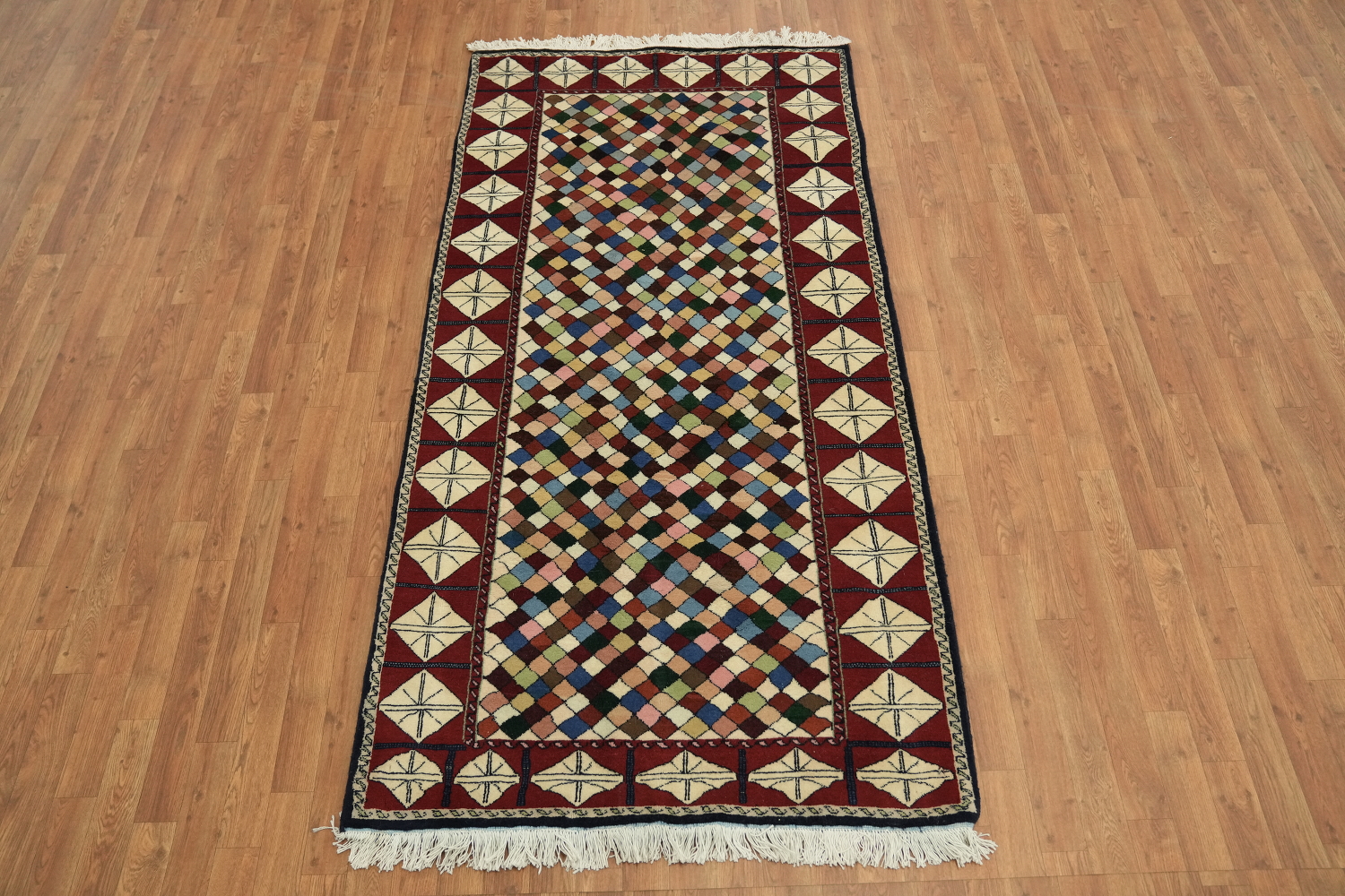 All-Over Checkered Ardebil Persian Runner Rug 4x8