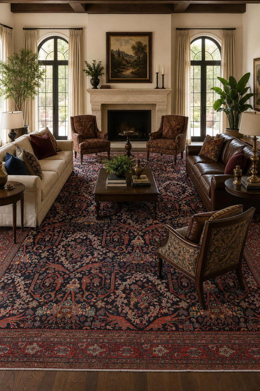 Antique Navy Blue Floral Sarouk Persian Rug 11x18