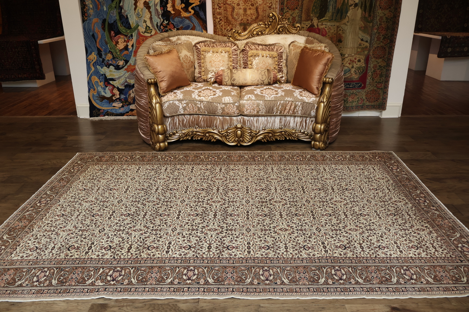 Vintage Floral Pattern Turkish Rug with Classic Brown Border Design 7x10
