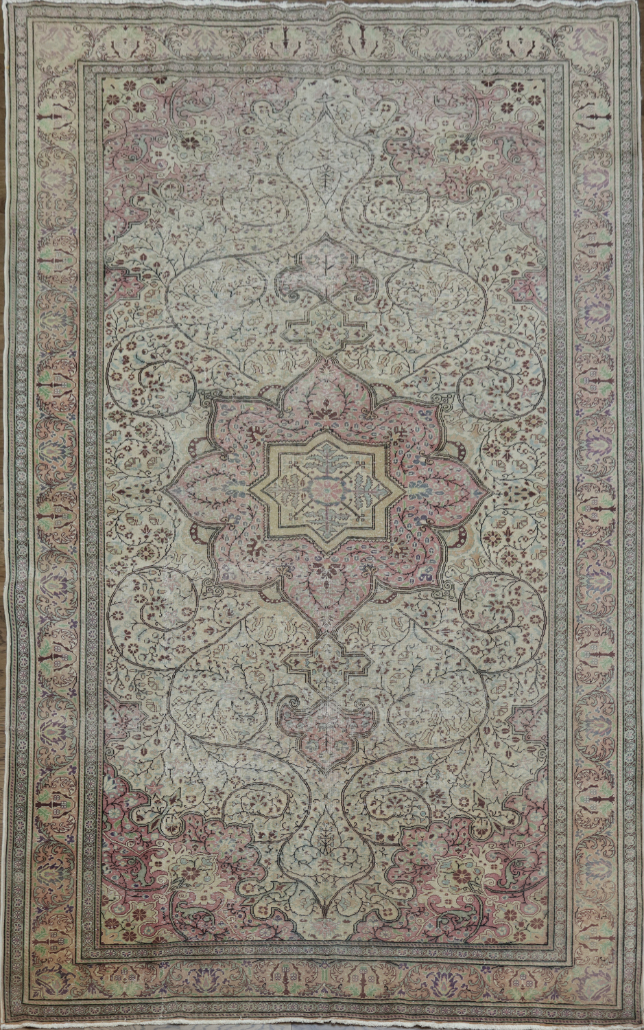 Antique Beige and Pink Geometric Anatolian Turkish Area Rug 6x10